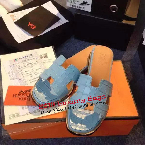 Hermes Slipper Croco Leather HO0483 Light Blue Hermes Slipper Croco Leather HO0483 Light Blue