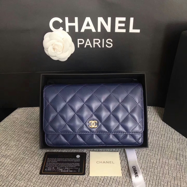 Chanel WOC Flap Bag Dark Blue Original Sheepskin Leather 33814 Glod Chanel WOC Flap Bag Dark Blue Original Sheepskin Leather 33814 Glod