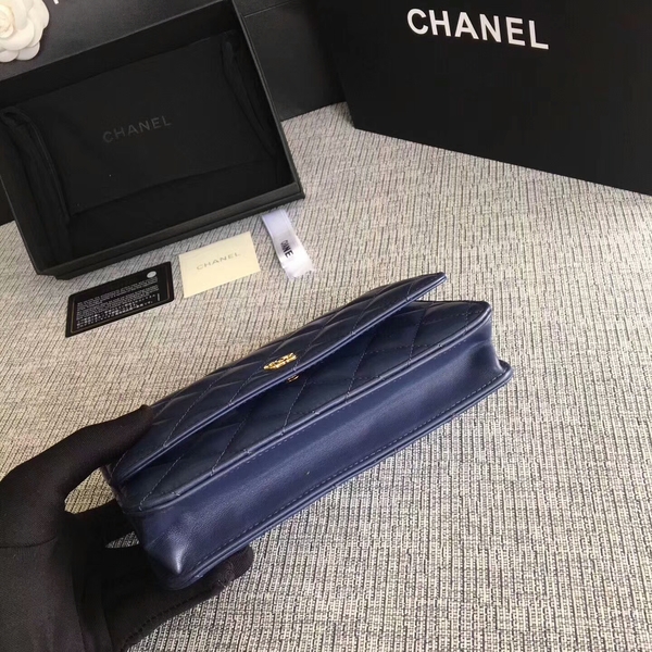 Chanel WOC Flap Bag Dark Blue Original Sheepskin Leather 33814 Glod Chanel WOC Flap Bag Dark Blue Original Sheepskin Leather 33814 Glod