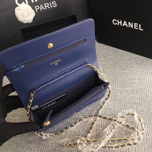 Chanel WOC Flap Bag Dark Blue Original Sheepskin Leather 33814 Glod Chanel WOC Flap Bag Dark Blue Original Sheepskin Leather 33814 Glod