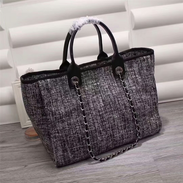 Chanel Canvas Leather Tote Shopping Bag 68047E Chanel Canvas Leather Tote Shopping Bag 68047E