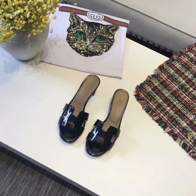Hermes lady leather Slipper HO814HMJ Heel high 5CM black Hermes lady leather Slipper HO814HMJ Heel high 5CM black