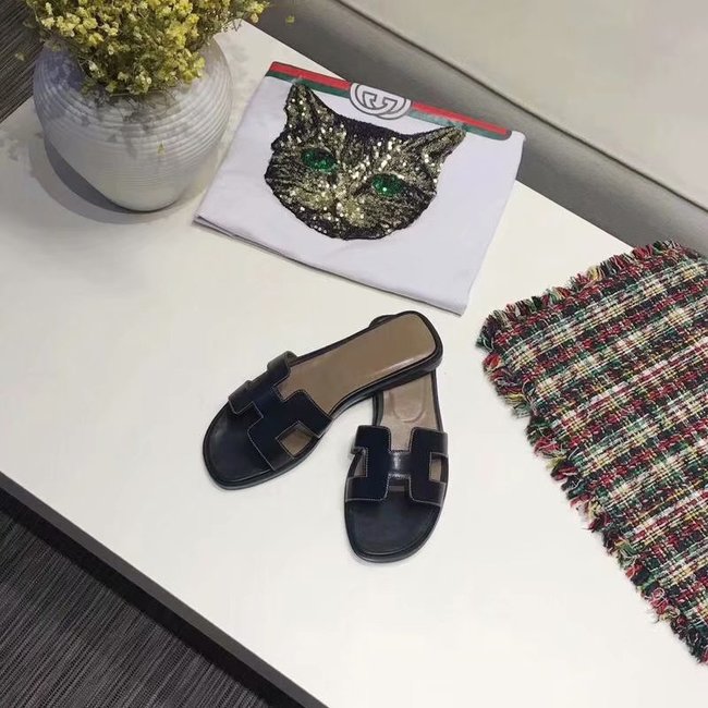 Hermes lady leather fashion Slipper HO809HMJ black Hermes lady leather fashion Slipper HO809HMJ black