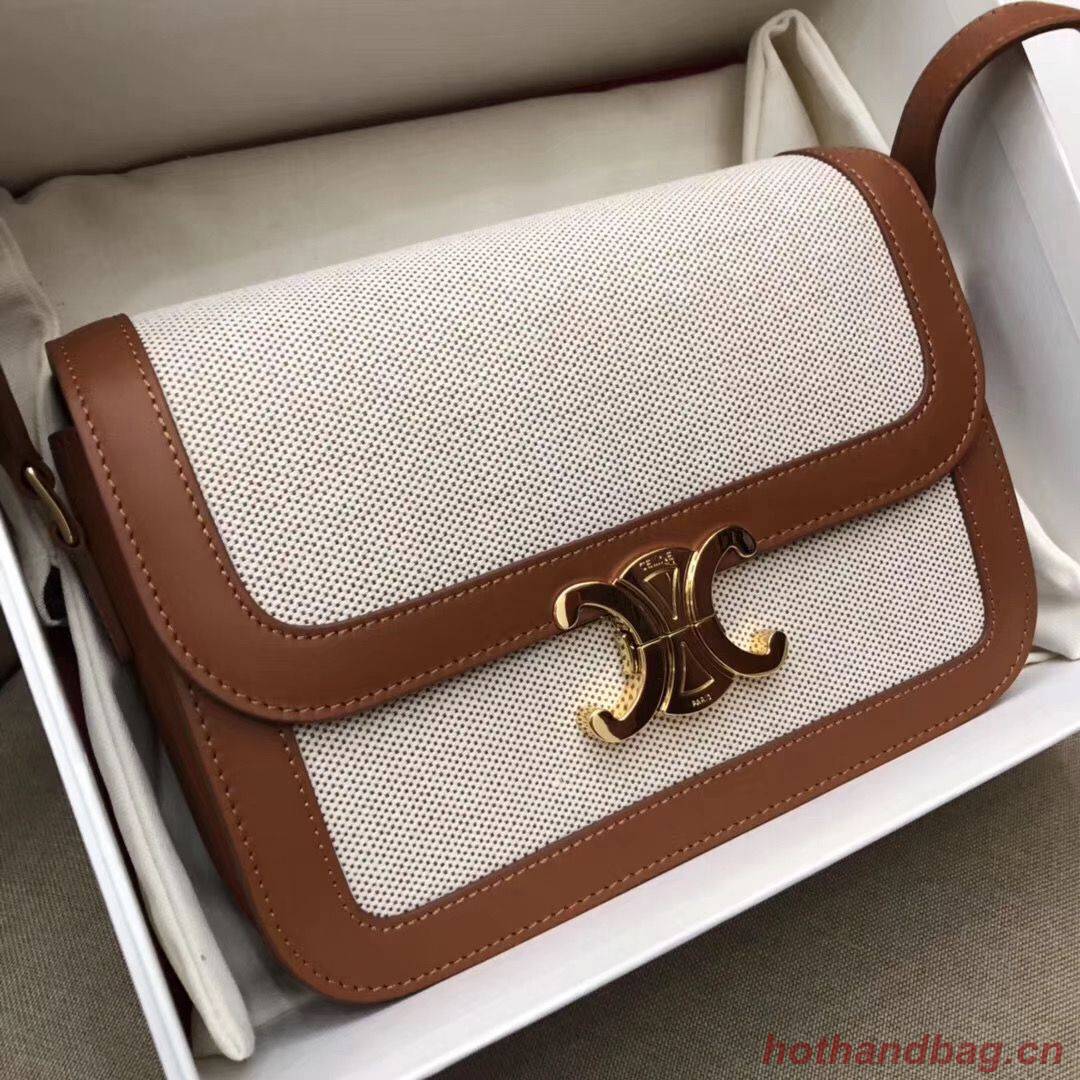 CELINE LARGE TRIOMPHE BAG IN TEXTILE AND NATURAL CALFSKIN 18887 Brown CELINE LARGE TRIOMPHE BAG IN TEXTILE AND NATURAL CALFSKIN 18887 Brown