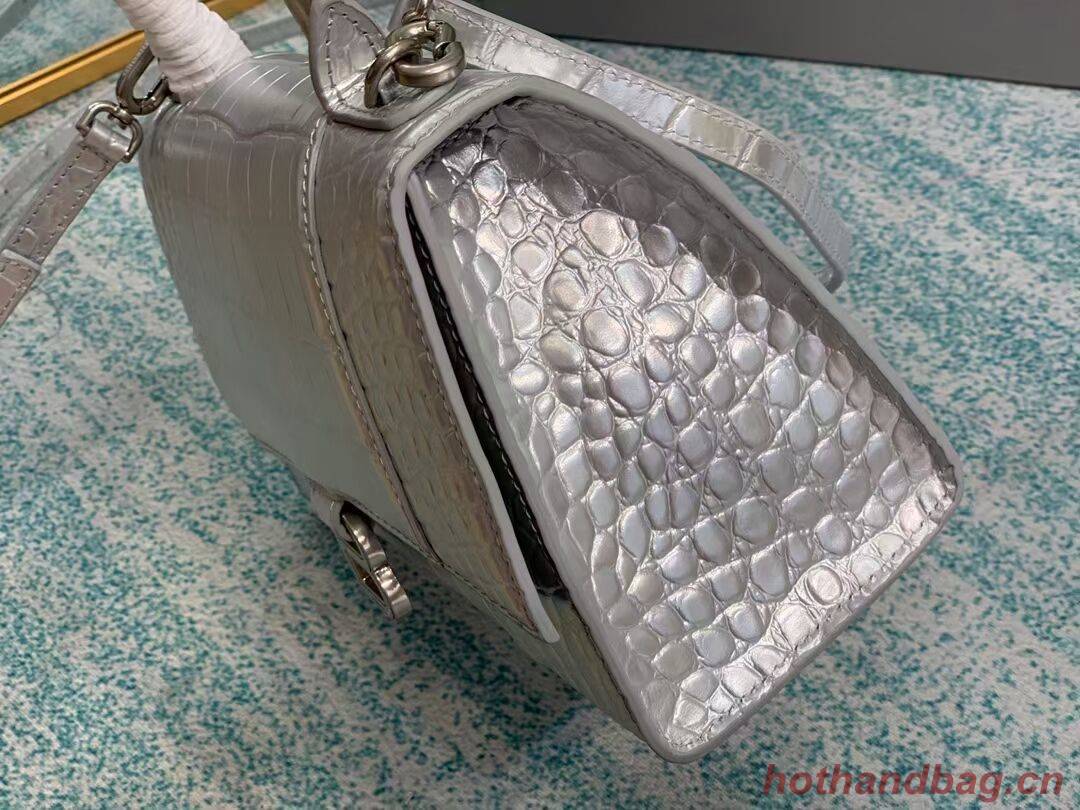 Balenciaga HOURGLASS SMALL TOP HANDLE BAG crocodile embossed calfskin B108895E silver Balenciaga HOURGLASS SMALL TOP HANDLE BAG crocodile embossed calfskin B108895E silver