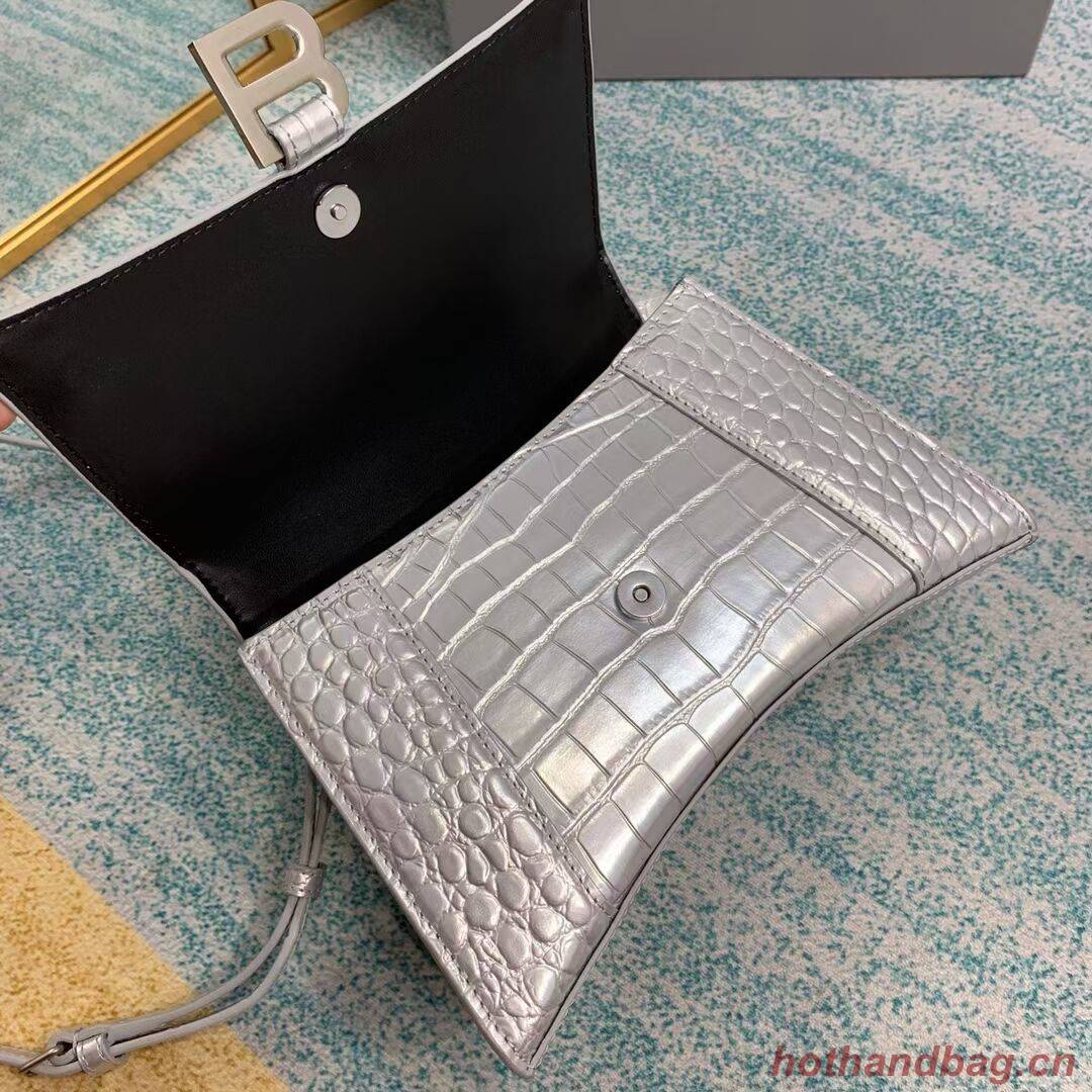 Balenciaga HOURGLASS SMALL TOP HANDLE BAG crocodile embossed calfskin B108895E silver Balenciaga HOURGLASS SMALL TOP HANDLE BAG crocodile embossed calfskin B108895E silver