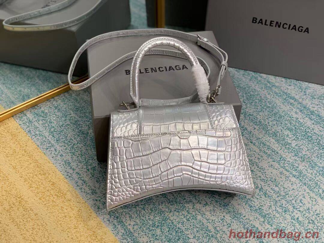 Balenciaga HOURGLASS SMALL TOP HANDLE BAG crocodile embossed calfskin B108895E silver Balenciaga HOURGLASS SMALL TOP HANDLE BAG crocodile embossed calfskin B108895E silver