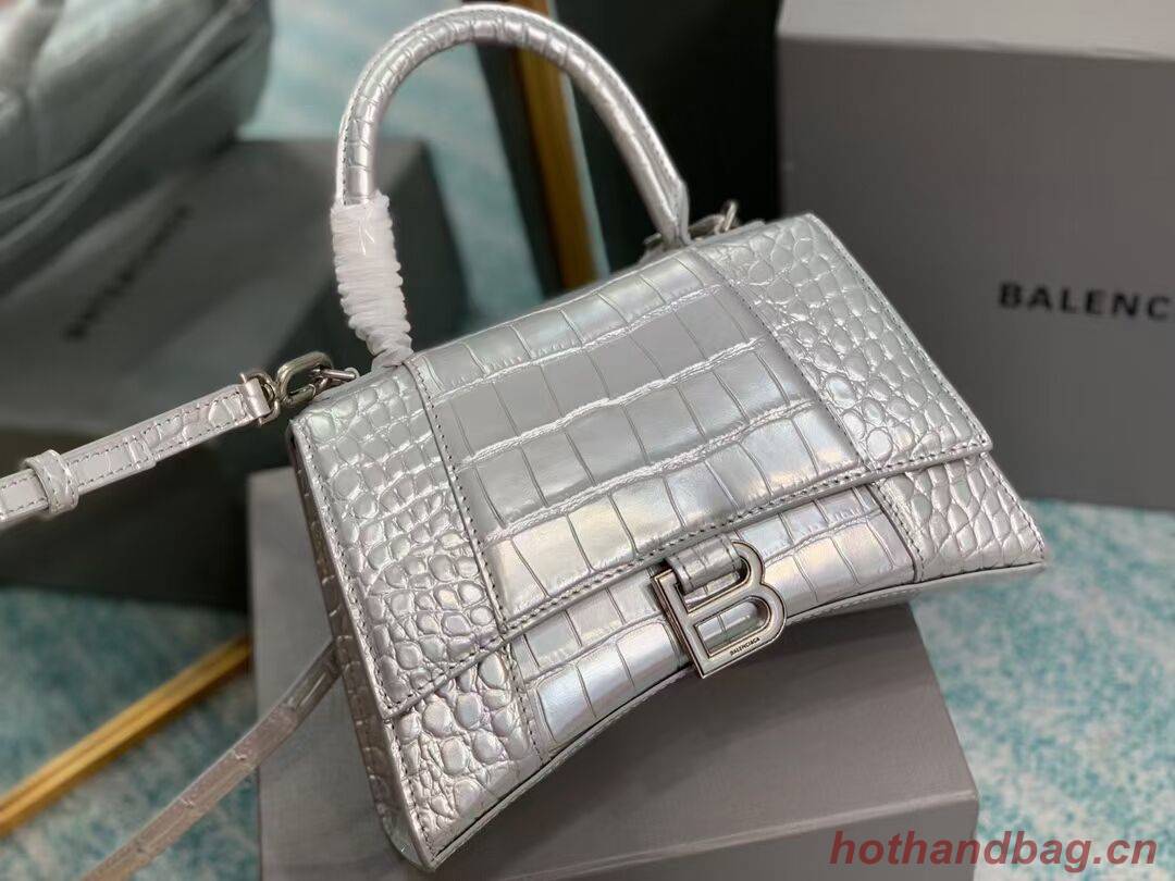 Balenciaga HOURGLASS SMALL TOP HANDLE BAG crocodile embossed calfskin B108895E silver Balenciaga HOURGLASS SMALL TOP HANDLE BAG crocodile embossed calfskin B108895E silver