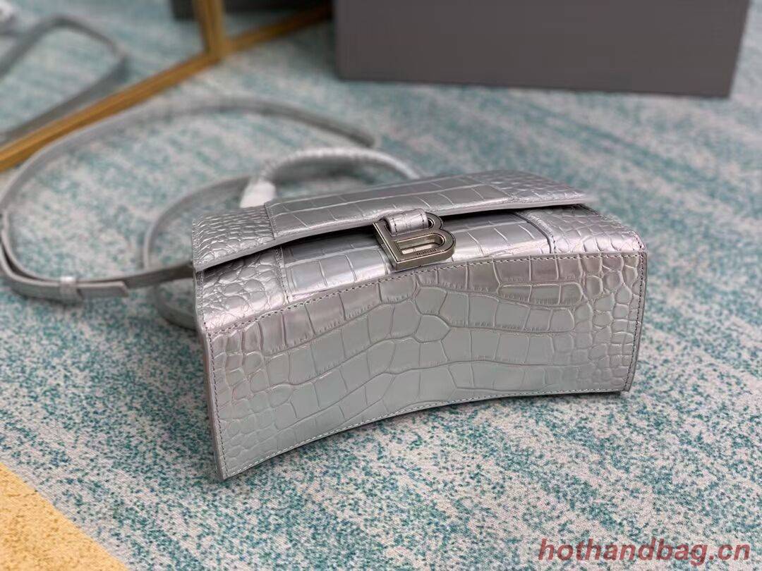 Balenciaga HOURGLASS SMALL TOP HANDLE BAG crocodile embossed calfskin B108895E silver Balenciaga HOURGLASS SMALL TOP HANDLE BAG crocodile embossed calfskin B108895E silver