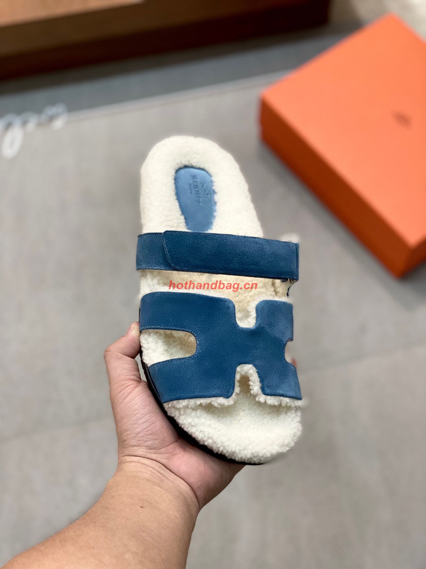 Hermes Shoes 2022 Teddy Bear Blue Pinede Chypre sandals HM63920 Hermes Shoes 2022 Teddy Bear Blue Pinede Chypre sandals HM63920