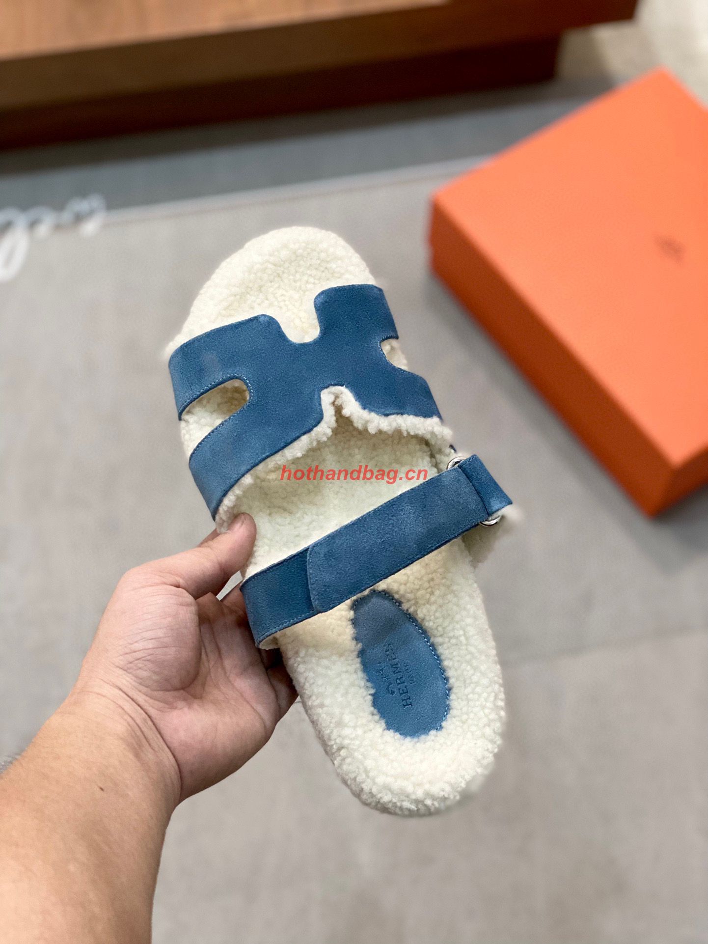 Hermes Shoes 2022 Teddy Bear Blue Pinede Chypre sandals HM63920 Hermes Shoes 2022 Teddy Bear Blue Pinede Chypre sandals HM63920