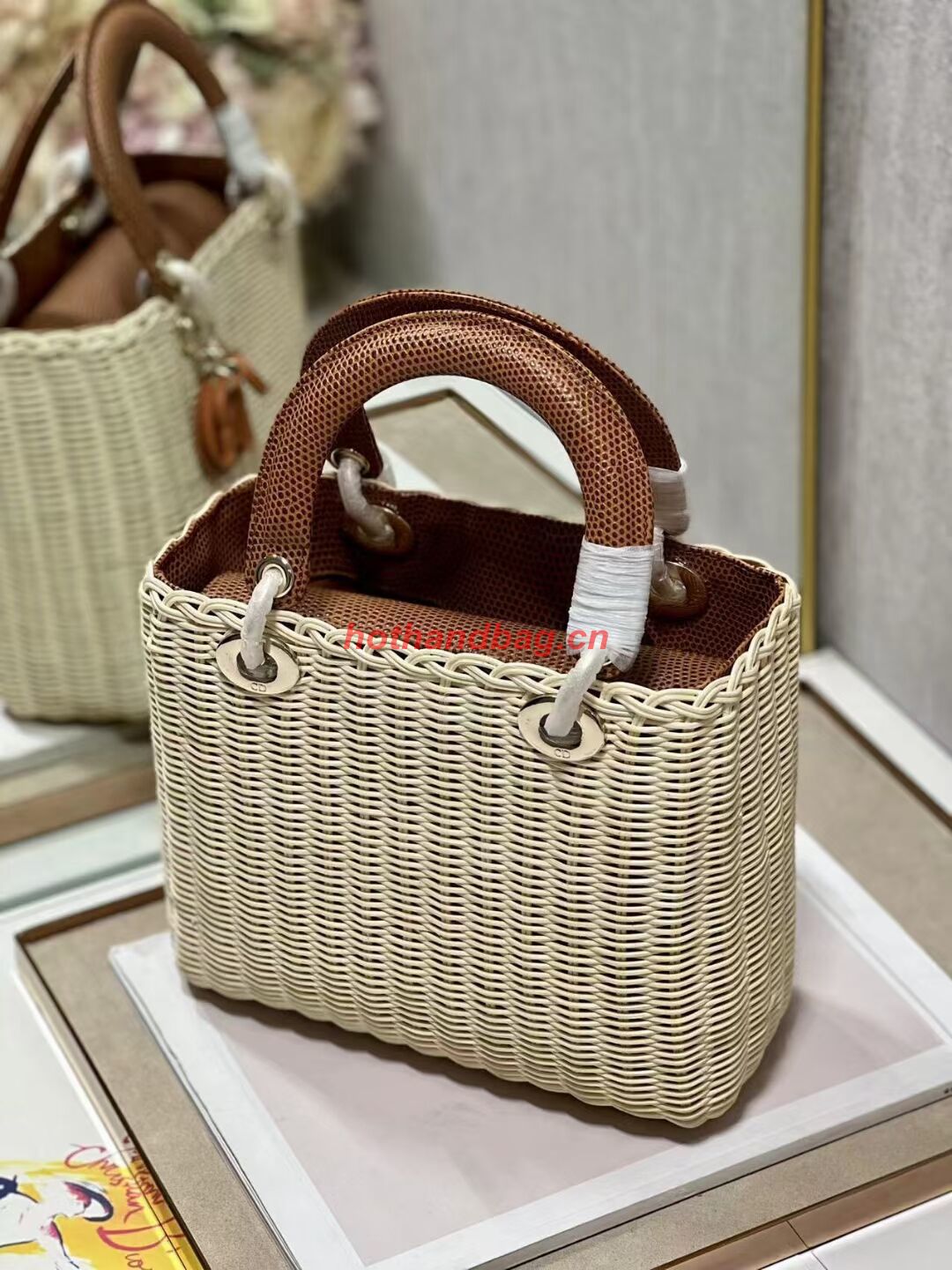 MEDIUM LADY DIOR BAG Natural Wicker and Brown Lizard skin M0565 MEDIUM LADY DIOR BAG Natural Wicker and Brown Lizard skin M0565