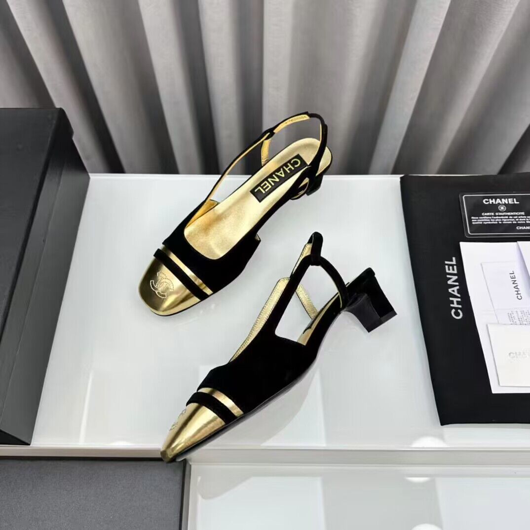 Chanel Shoes 35MM or 75MM Heels CH19032 Black&Gold Chanel Shoes 35MM or 75MM Heels CH19032 Black&Gold