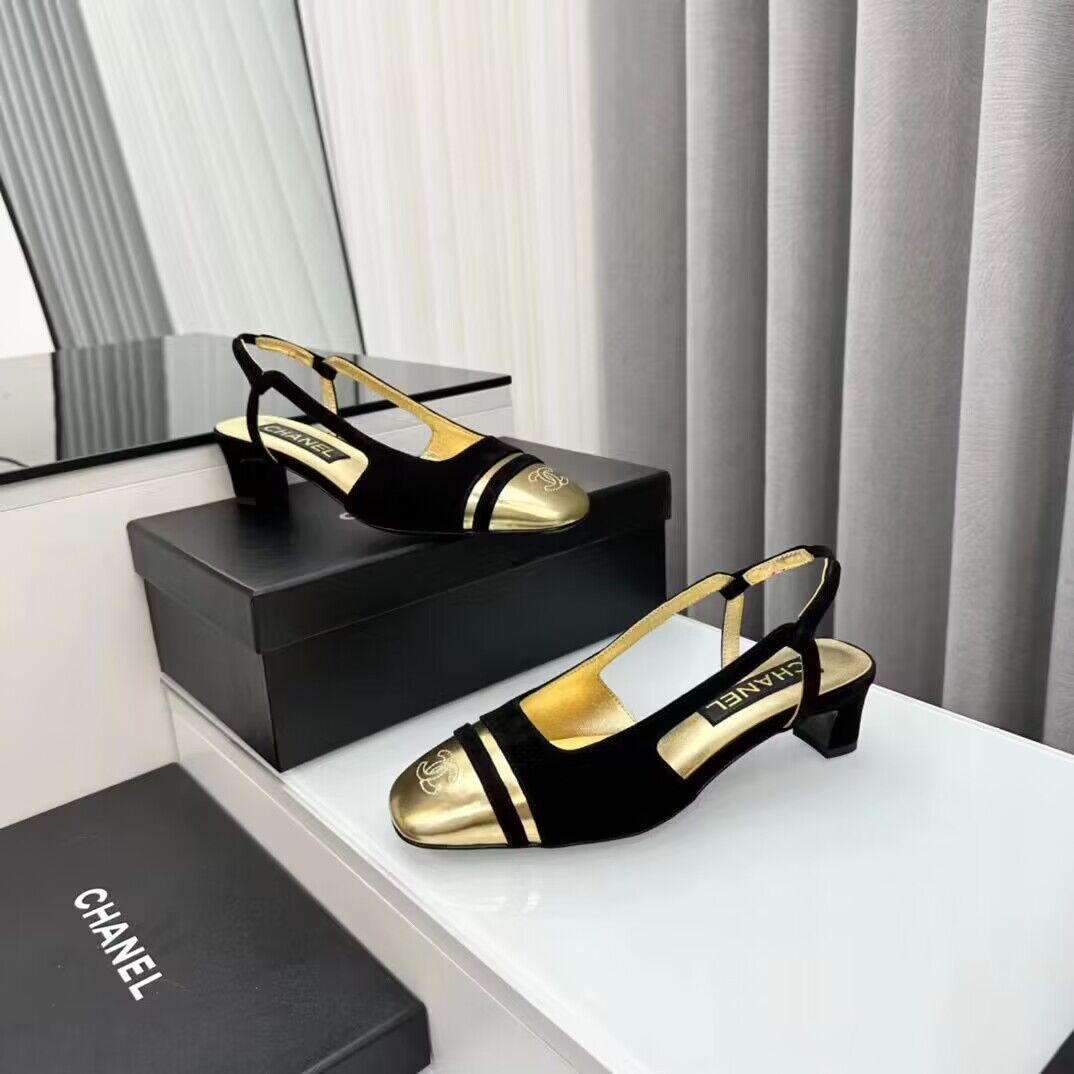 Chanel Shoes 35MM or 75MM Heels CH19032 Black&Gold Chanel Shoes 35MM or 75MM Heels CH19032 Black&Gold