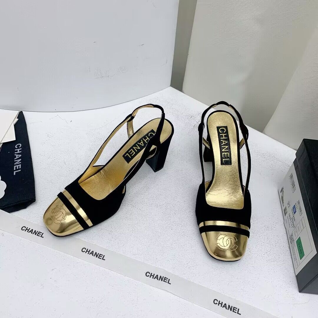 Chanel Shoes 35MM or 75MM Heels CH19032 Black&Gold Chanel Shoes 35MM or 75MM Heels CH19032 Black&Gold