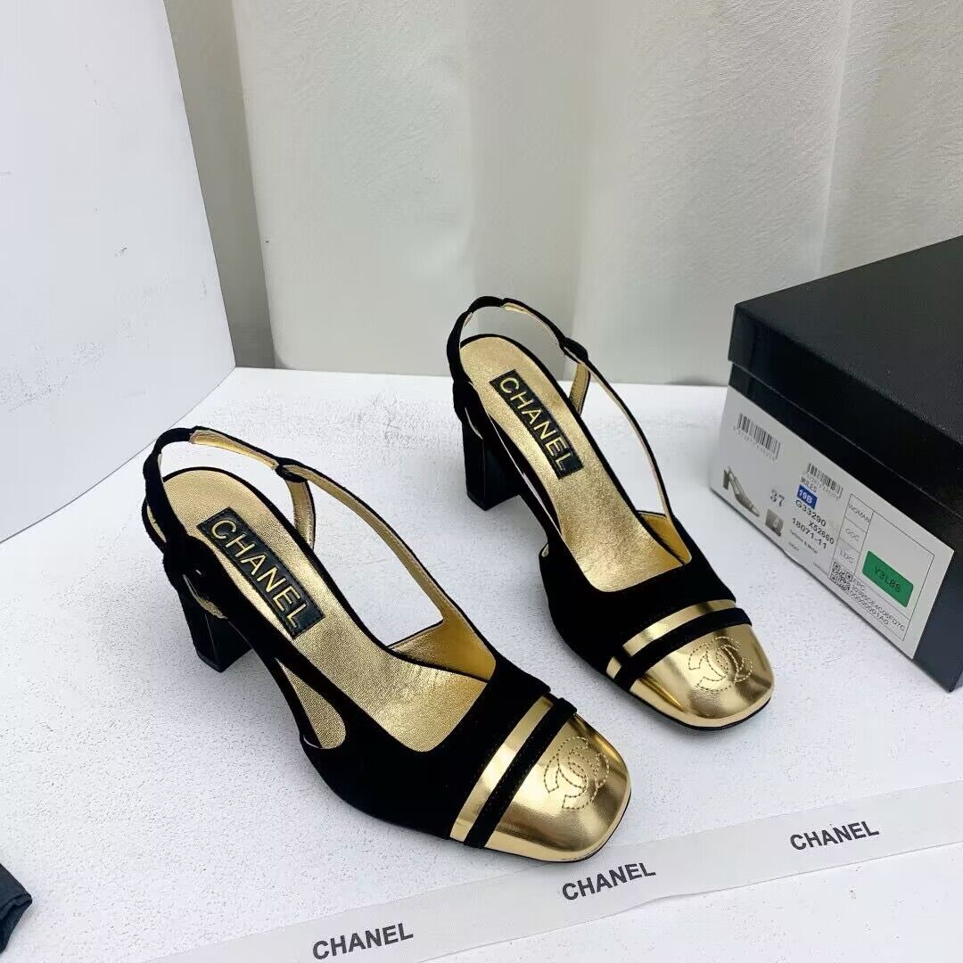 Chanel Shoes 35MM or 75MM Heels CH19032 Black&Gold Chanel Shoes 35MM or 75MM Heels CH19032 Black&Gold