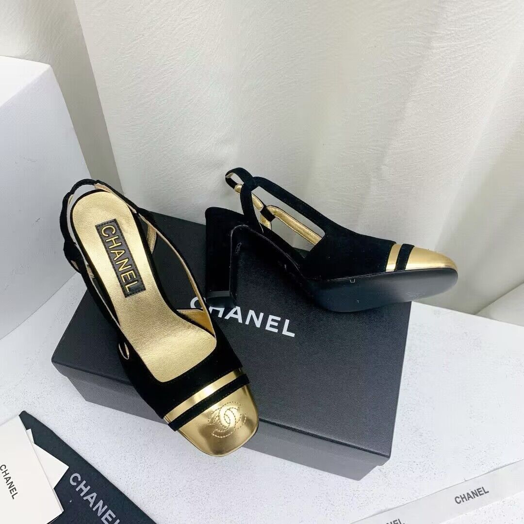 Chanel Shoes 35MM or 75MM Heels CH19032 Black&Gold Chanel Shoes 35MM or 75MM Heels CH19032 Black&Gold