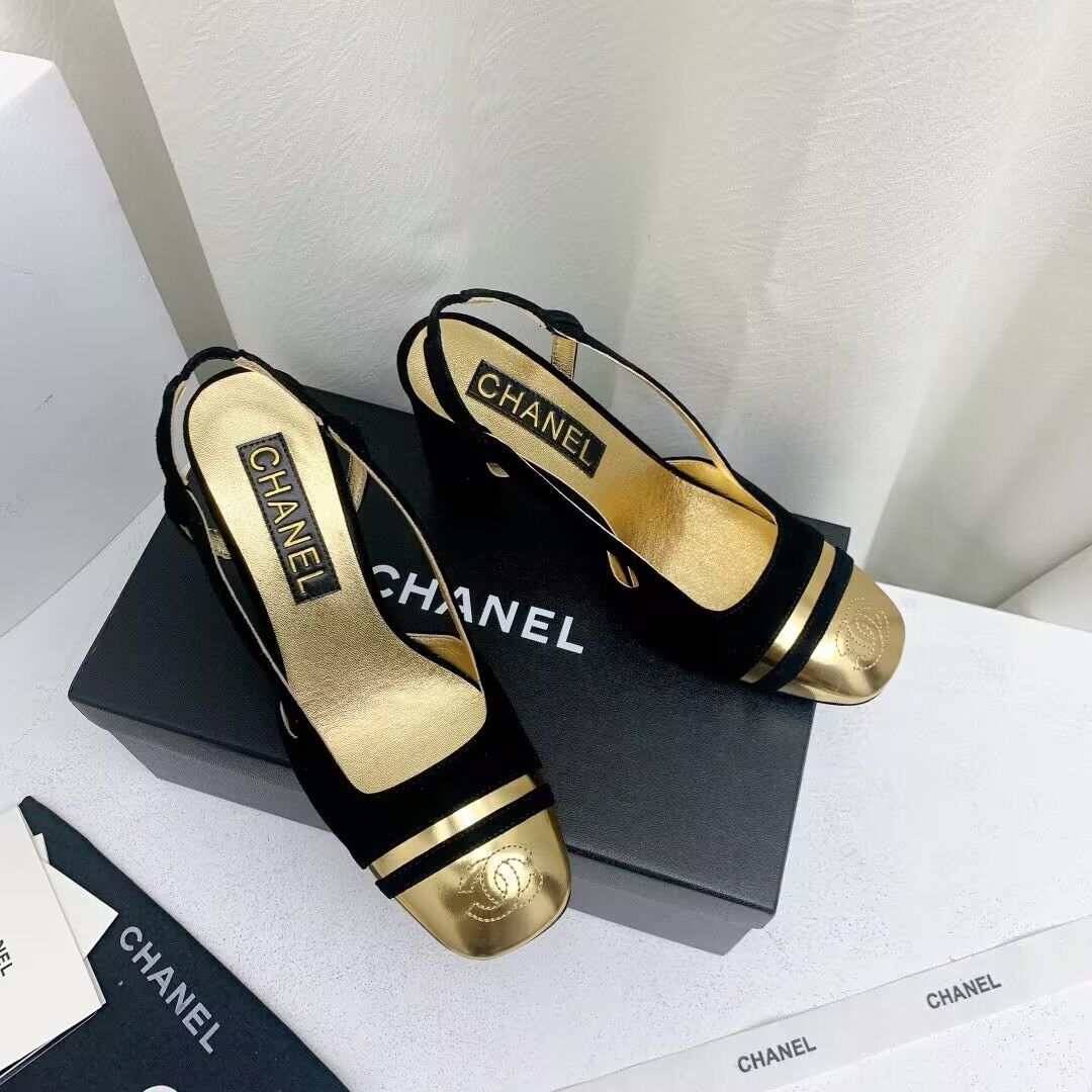 Chanel Shoes 35MM or 75MM Heels CH19032 Black&Gold Chanel Shoes 35MM or 75MM Heels CH19032 Black&Gold