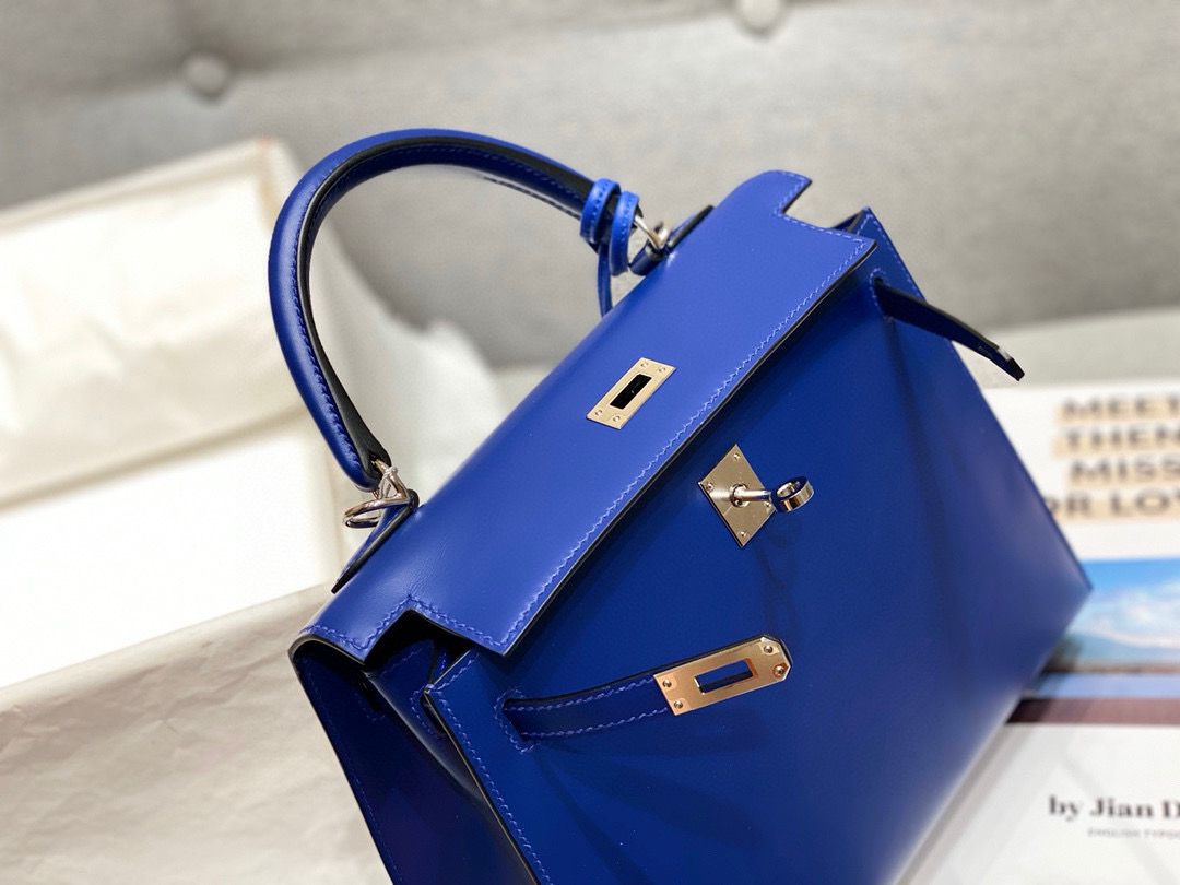 Hermes Kelly 28cm Shoulder Bags Smooth Box Leather KL28 Blue Silver-Tone Hermes Kelly 28cm Shoulder Bags Smooth Box Leather KL28 Blue Silver-Tone