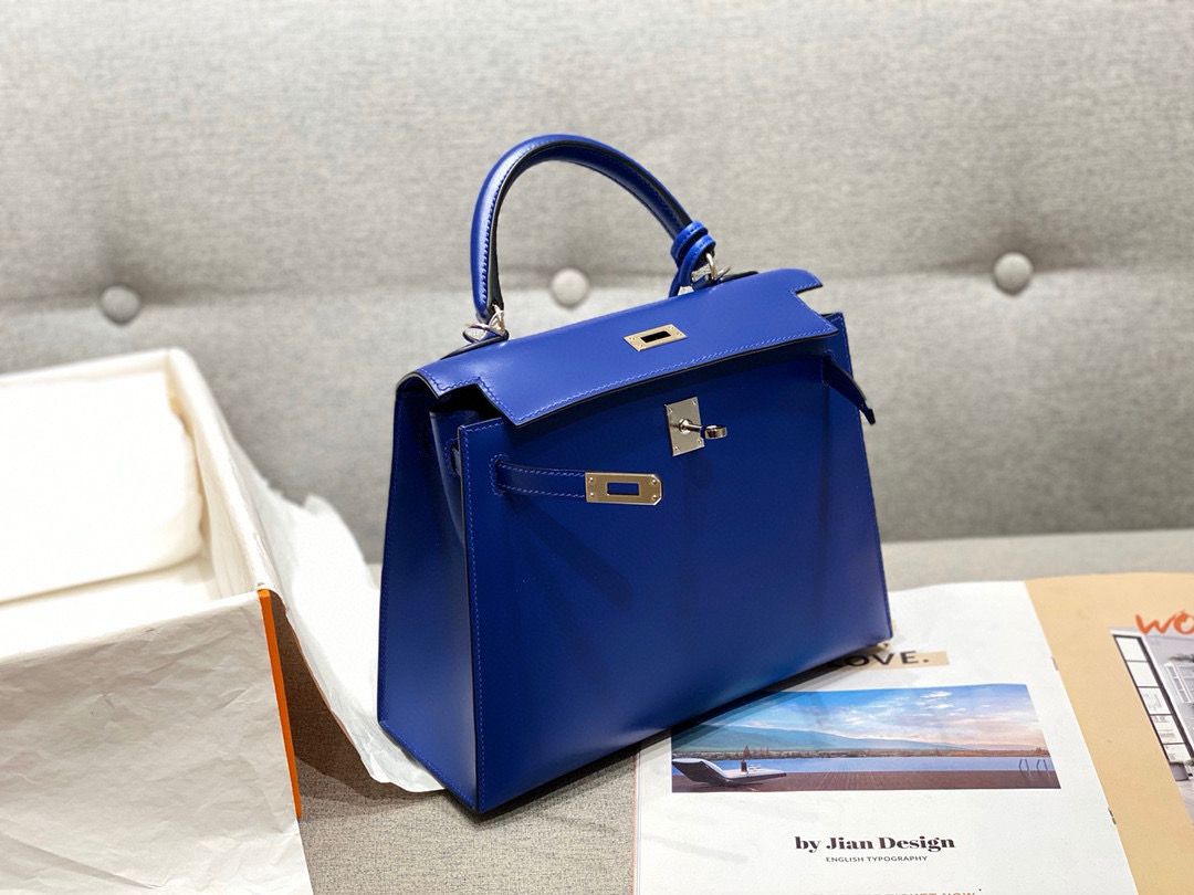Hermes Kelly 28cm Shoulder Bags Smooth Box Leather KL28 Blue Silver-Tone Hermes Kelly 28cm Shoulder Bags Smooth Box Leather KL28 Blue Silver-Tone