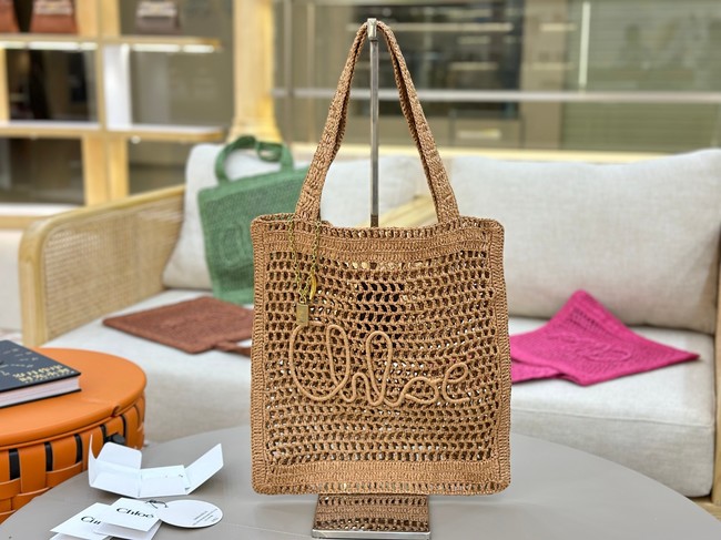 Chloe SUMMER straw and leather tote bag 0824P brown