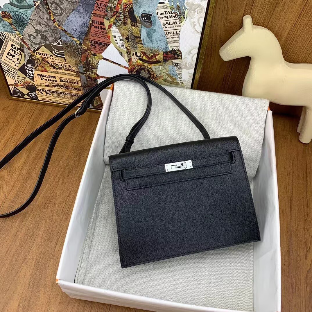 Hermes Kelly Danse Original Evercolor Leather 22CM KL22 Black Silver-Tone Hermes Kelly Danse Original Evercolor Leather 22CM KL22 Black Silver-Tone