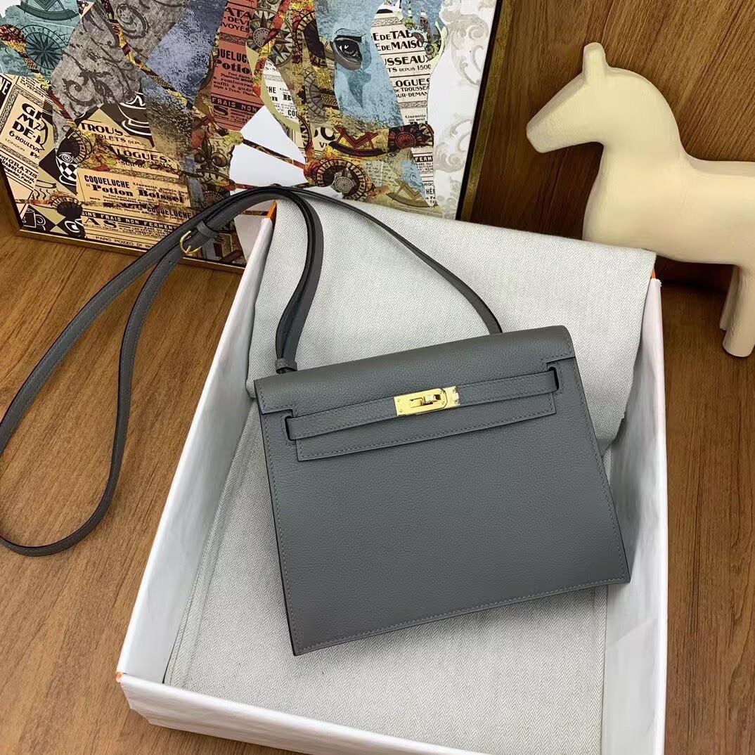 Hermes Kelly Danse Original Evercolor Leather 22CM KL22 Gray Gold-Tone Hermes Kelly Danse Original Evercolor Leather 22CM KL22 Gray Gold-Tone