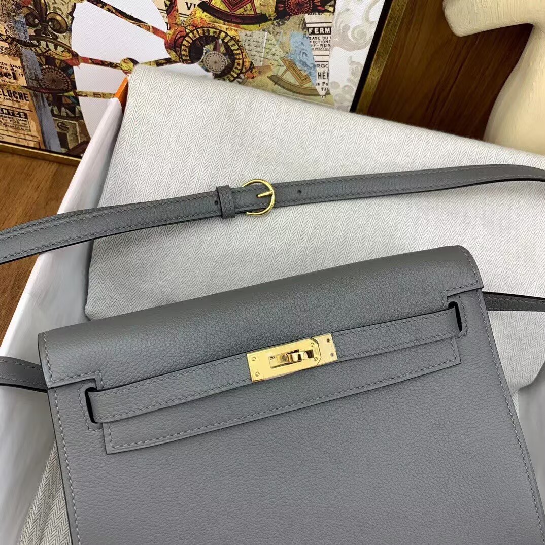 Hermes Kelly Danse Original Evercolor Leather 22CM KL22 Gray Gold-Tone Hermes Kelly Danse Original Evercolor Leather 22CM KL22 Gray Gold-Tone