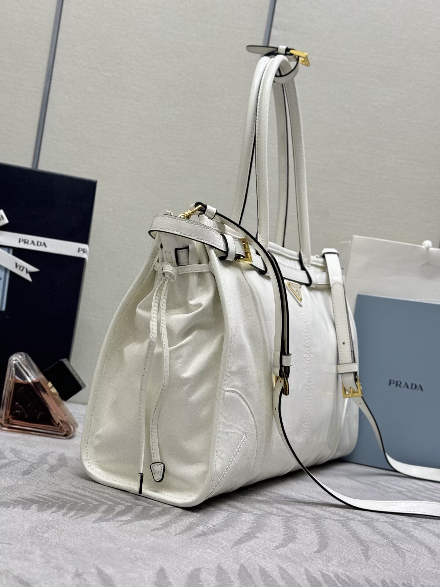 Prada Bonnie Leather Tote Bag 1BA433 White Prada Bonnie Leather Tote Bag 1BA433 White