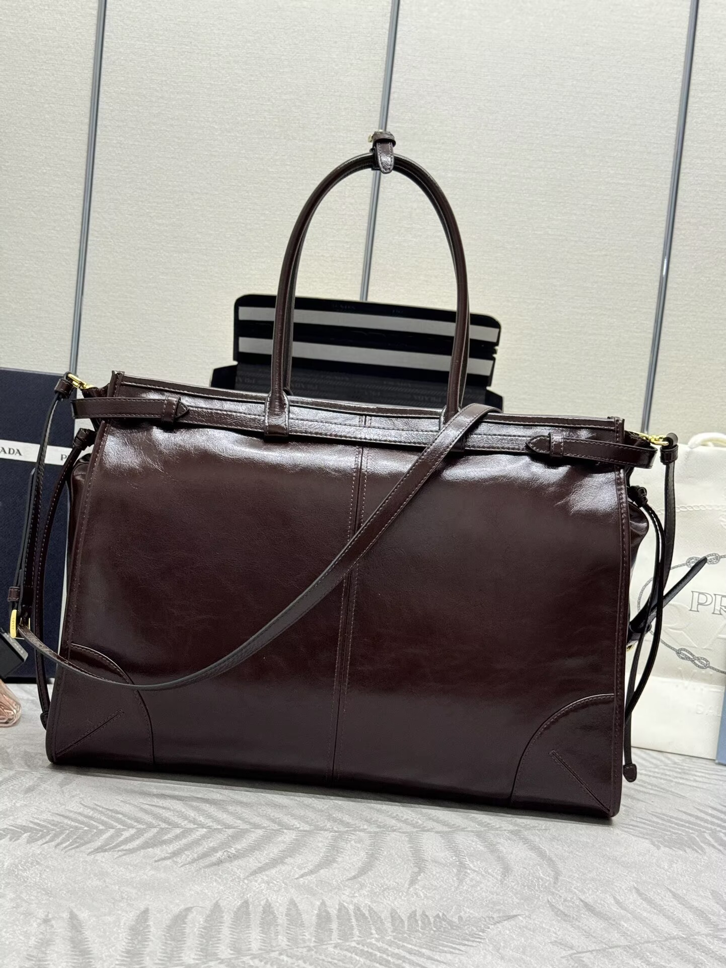 Prada Large Bonnie Leather Tote Bag 1BA439 Dark Brown Prada Large Bonnie Leather Tote Bag 1BA439 Dark Brown