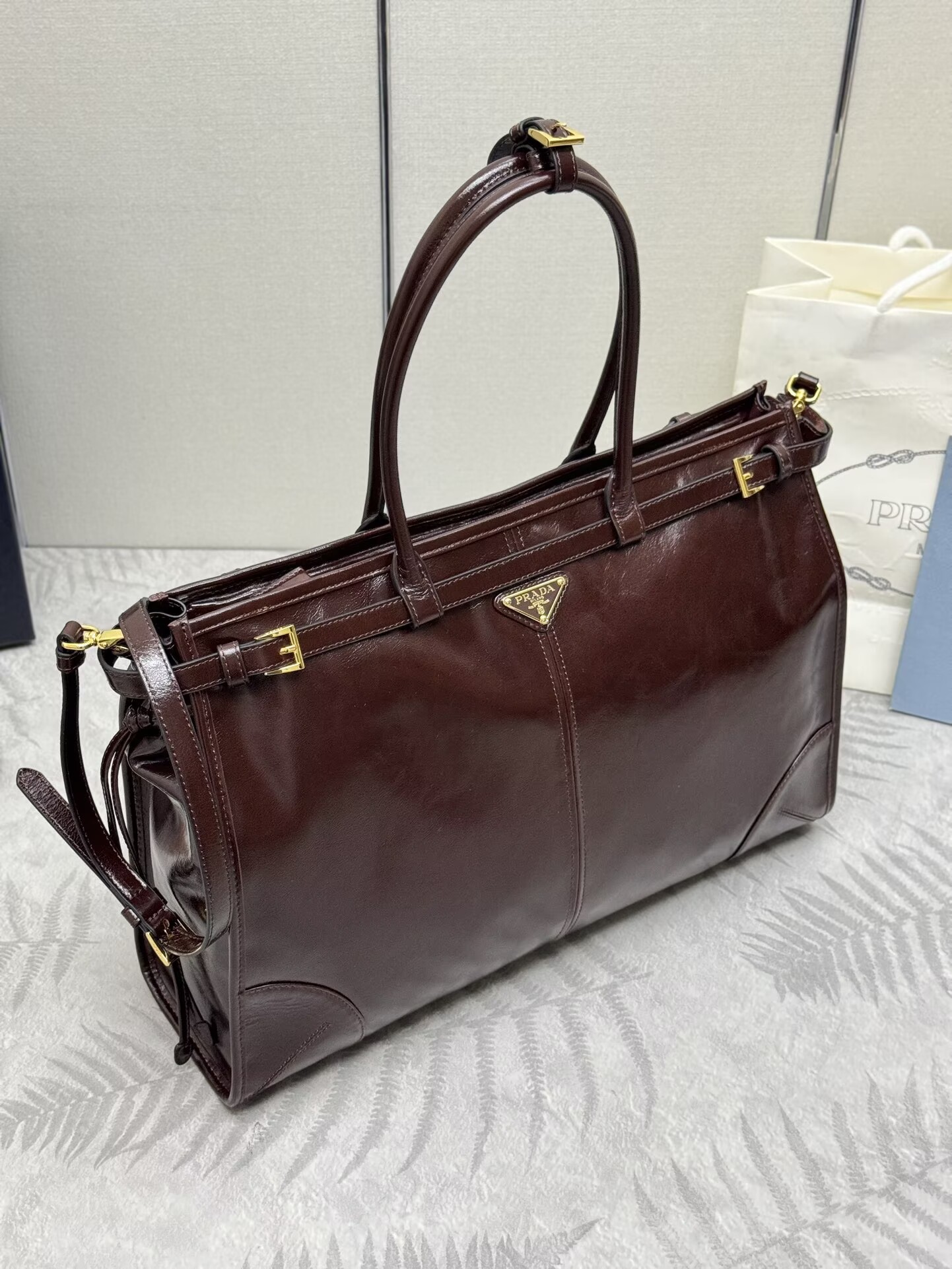 Prada Large Bonnie Leather Tote Bag 1BA439 Dark Brown Prada Large Bonnie Leather Tote Bag 1BA439 Dark Brown