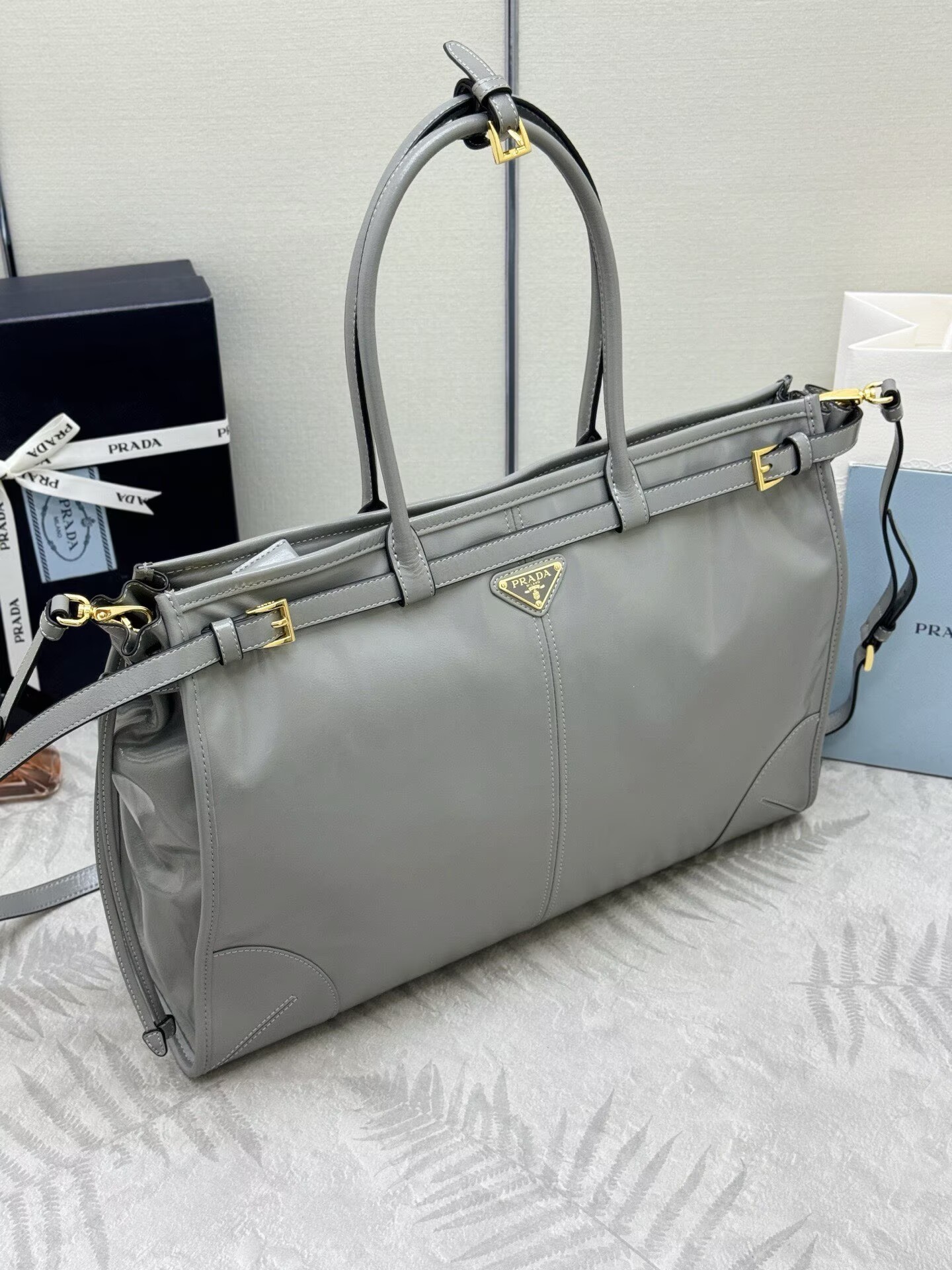 Prada Large Bonnie Leather Tote Bag 1BA439 Gray Prada Large Bonnie Leather Tote Bag 1BA439 Gray