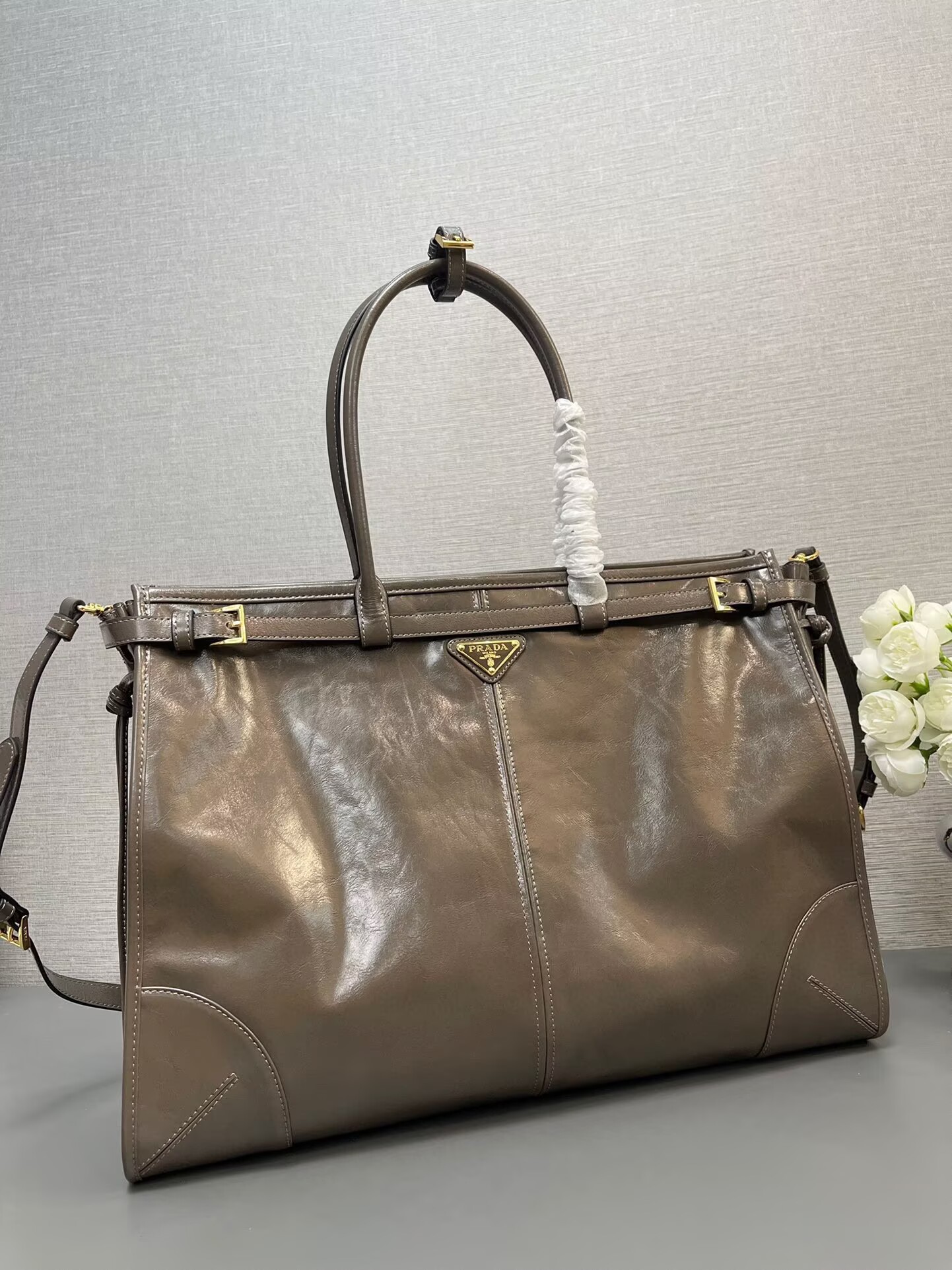 Prada Large Bonnie Leather Tote Bag 1BA439 Khaki Grey Prada Large Bonnie Leather Tote Bag 1BA439 Khaki Grey
