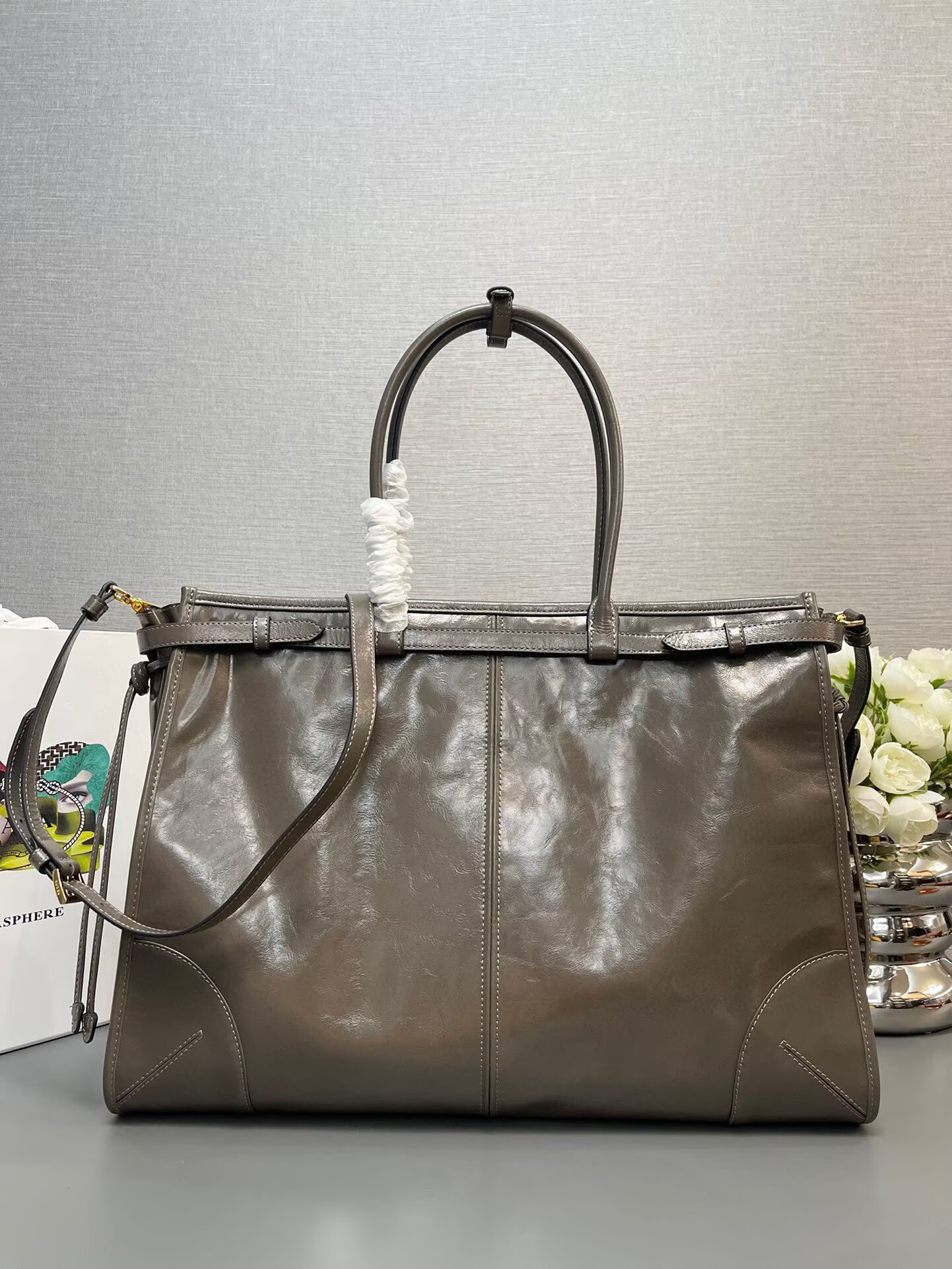 Prada Large Bonnie Leather Tote Bag 1BA439 Khaki Grey Prada Large Bonnie Leather Tote Bag 1BA439 Khaki Grey