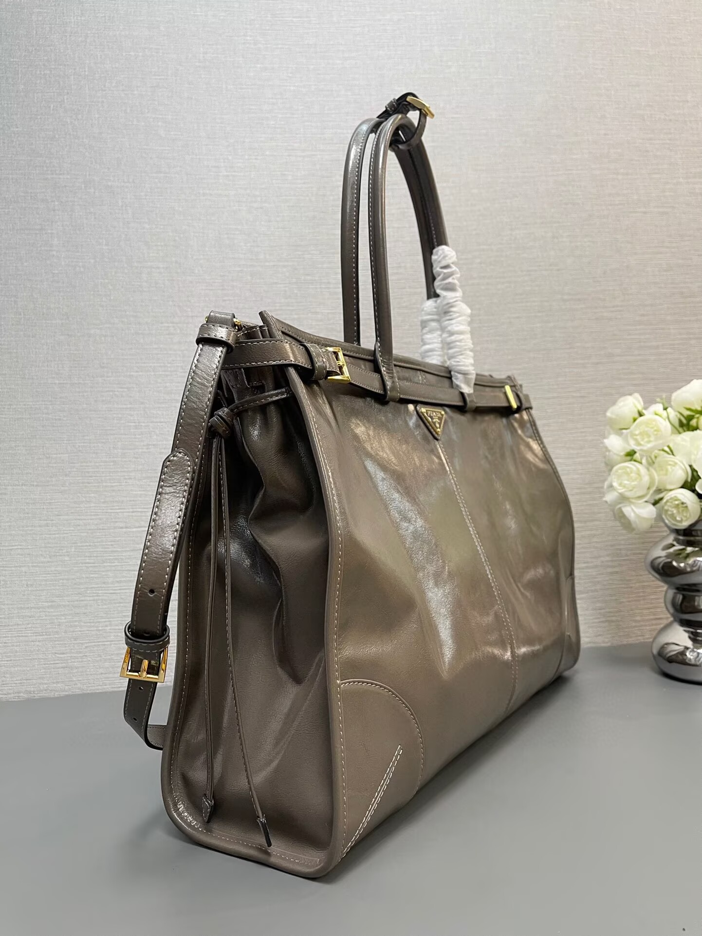 Prada Large Bonnie Leather Tote Bag 1BA439 Khaki Grey Prada Large Bonnie Leather Tote Bag 1BA439 Khaki Grey