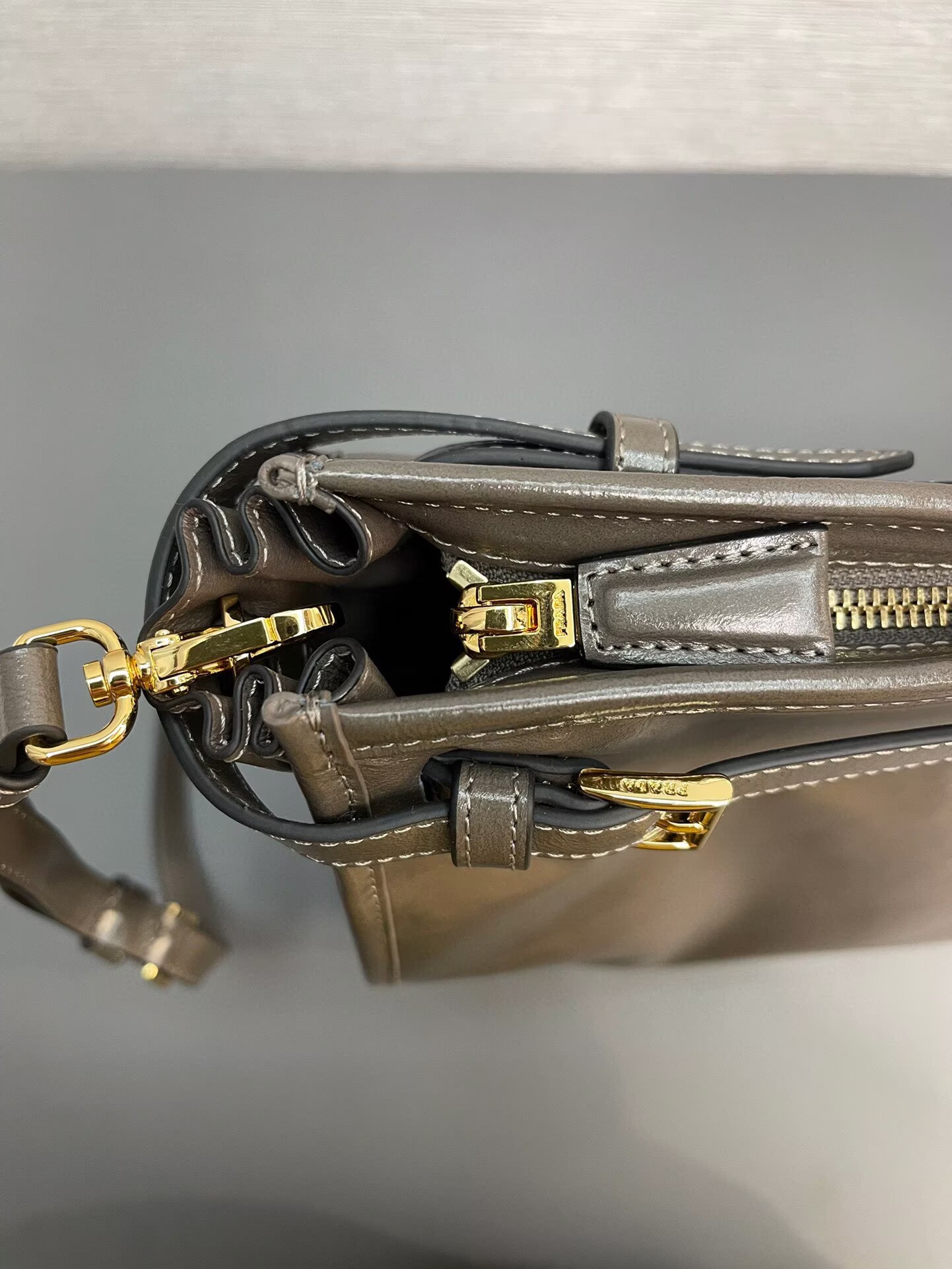 Prada Large Bonnie Leather Tote Bag 1BA439 Khaki Grey Prada Large Bonnie Leather Tote Bag 1BA439 Khaki Grey