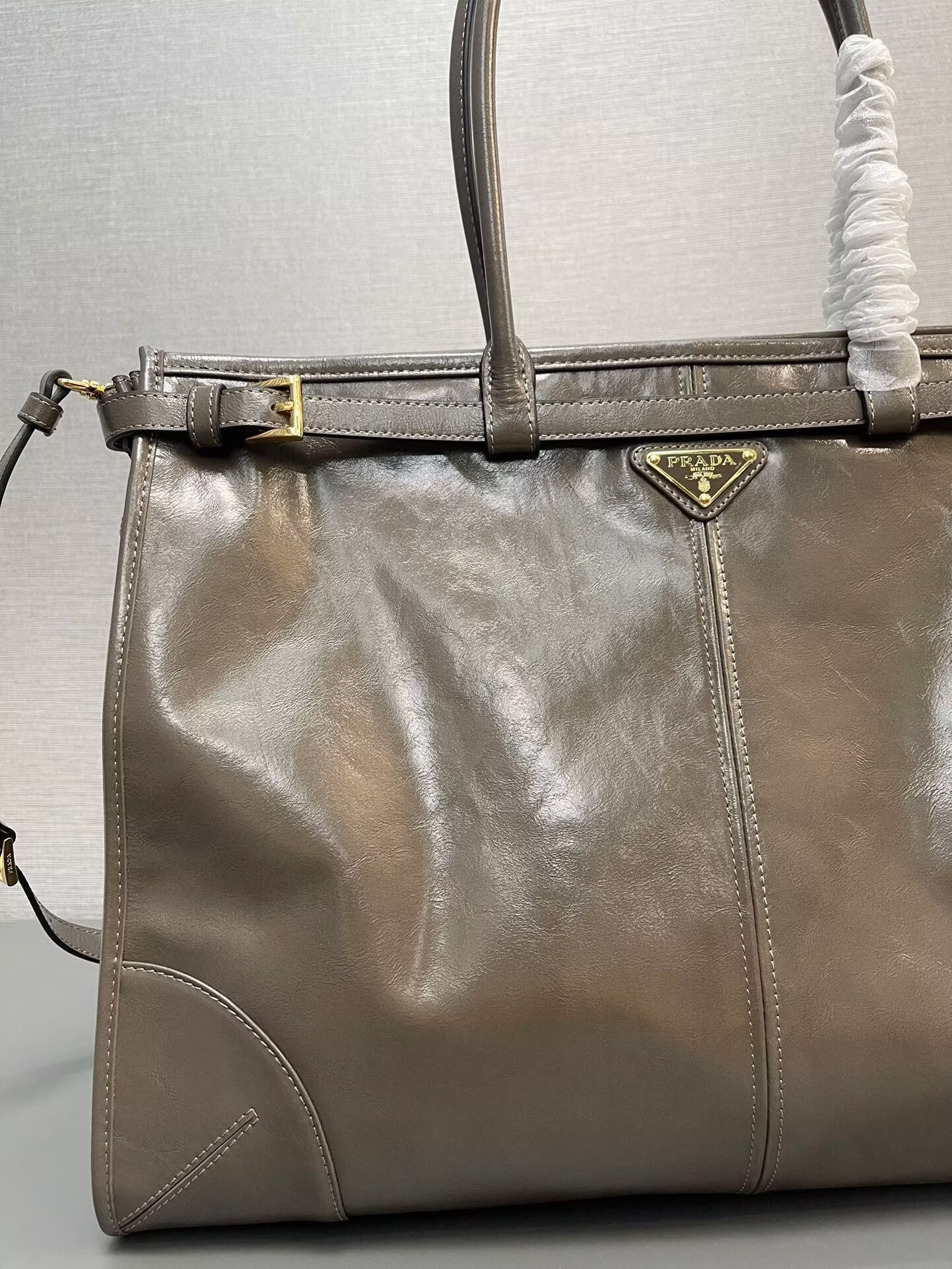 Prada Large Bonnie Leather Tote Bag 1BA439 Khaki Grey Prada Large Bonnie Leather Tote Bag 1BA439 Khaki Grey