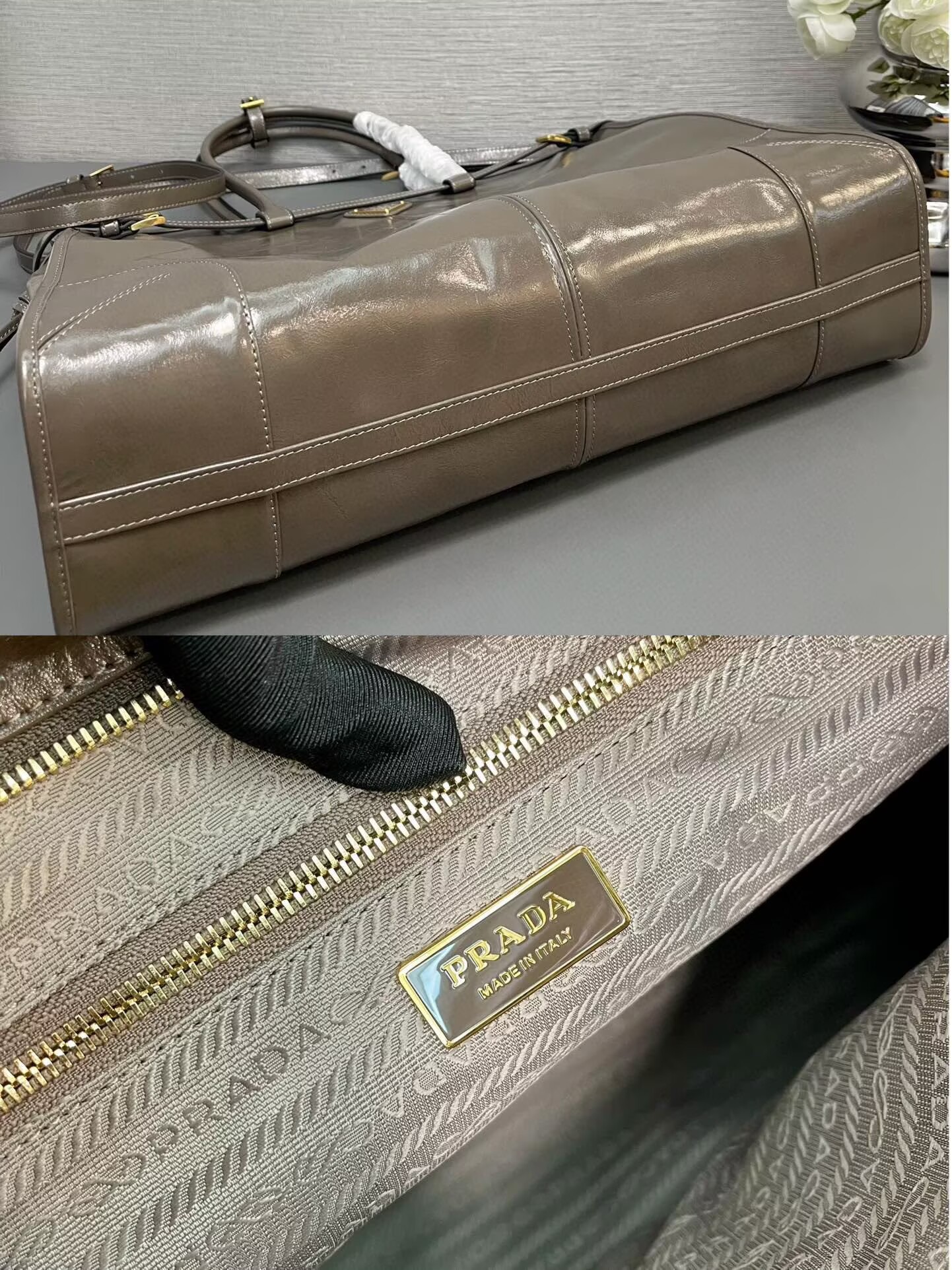 Prada Large Bonnie Leather Tote Bag 1BA439 Khaki Grey Prada Large Bonnie Leather Tote Bag 1BA439 Khaki Grey