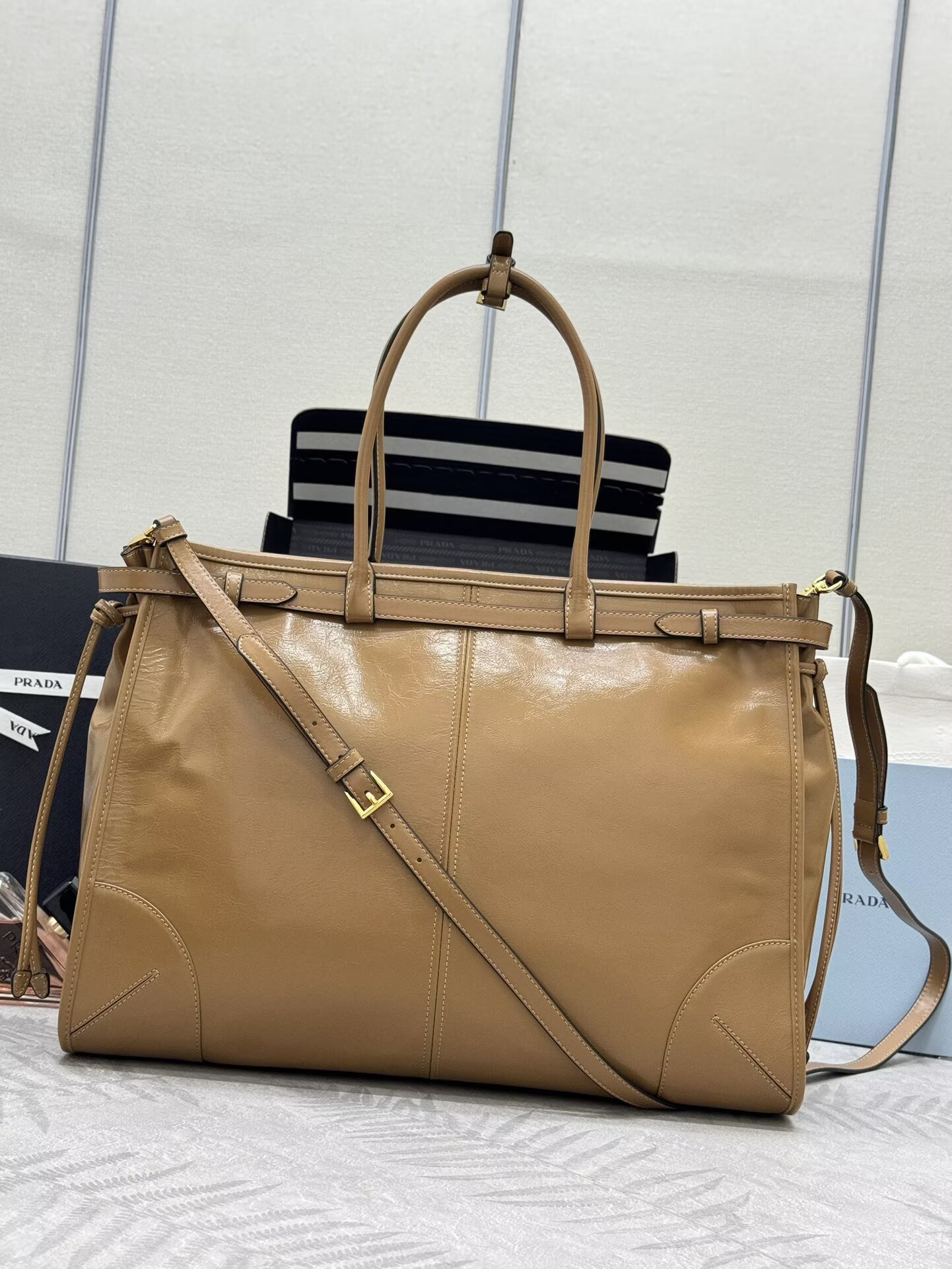Prada Large Bonnie Leather Tote Bag 1BA439 Khaki Prada Large Bonnie Leather Tote Bag 1BA439 Khaki