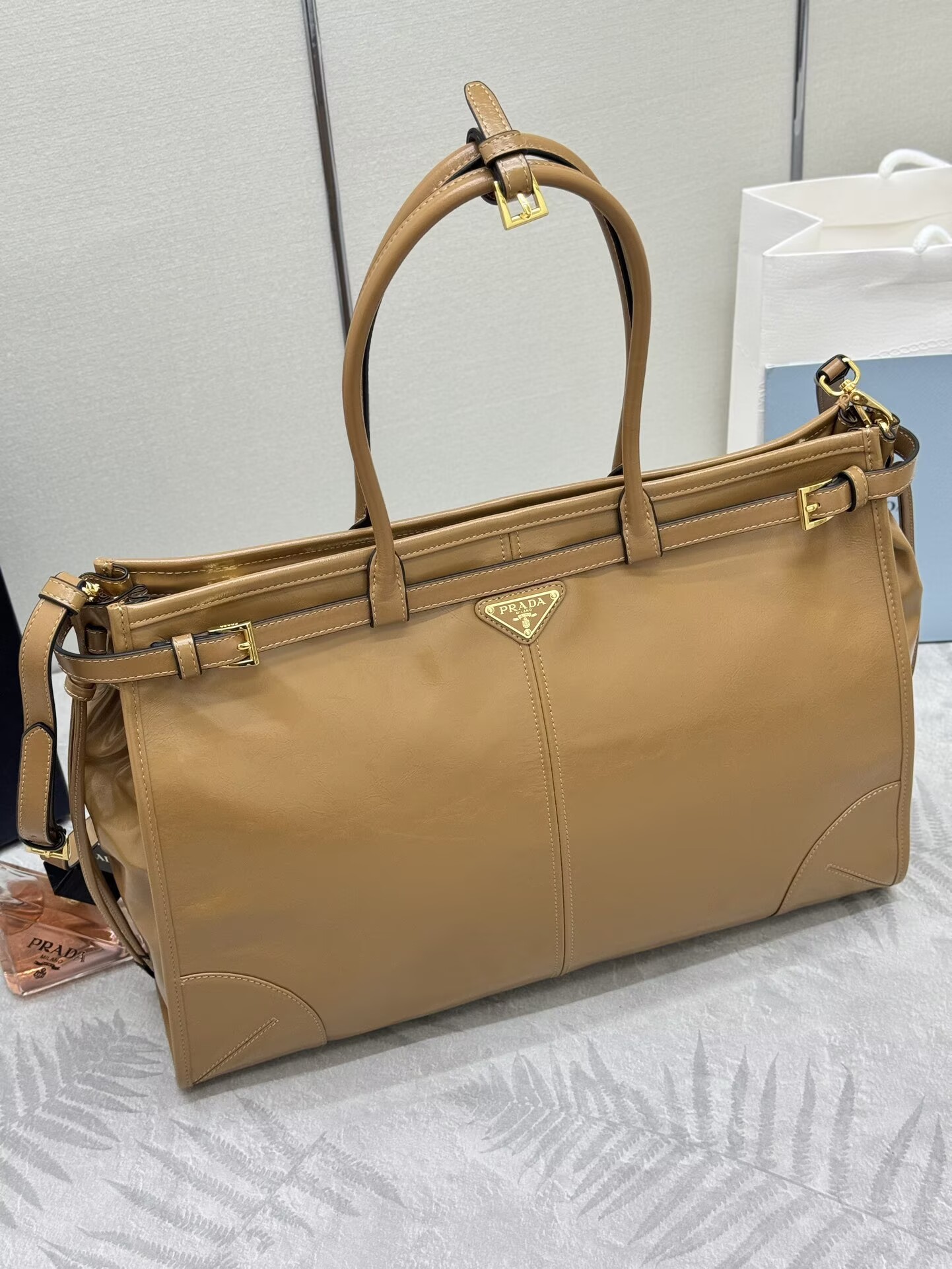 Prada Large Bonnie Leather Tote Bag 1BA439 Khaki Prada Large Bonnie Leather Tote Bag 1BA439 Khaki
