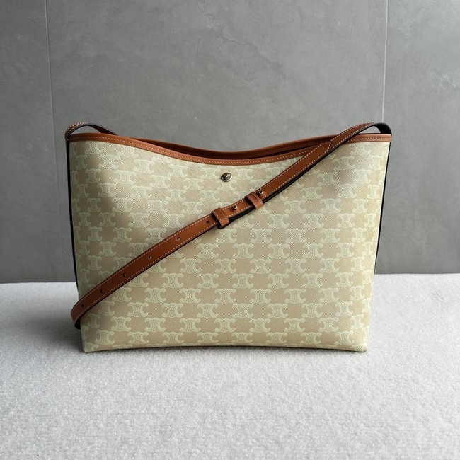 CELINE SOFT SHOPPER BAG IN Triomphe Canvas and Calfskin 123912 SANDCASTLE & SOFT LIME