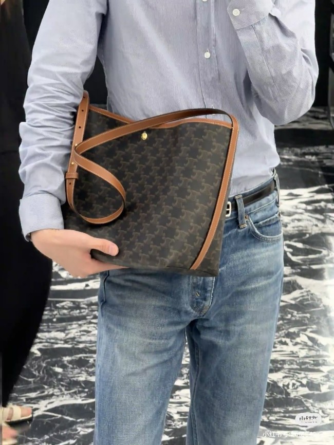 CELINE SOFT SHOPPER BAG IN Triomphe Canvas and Calfskin 123912 TAN