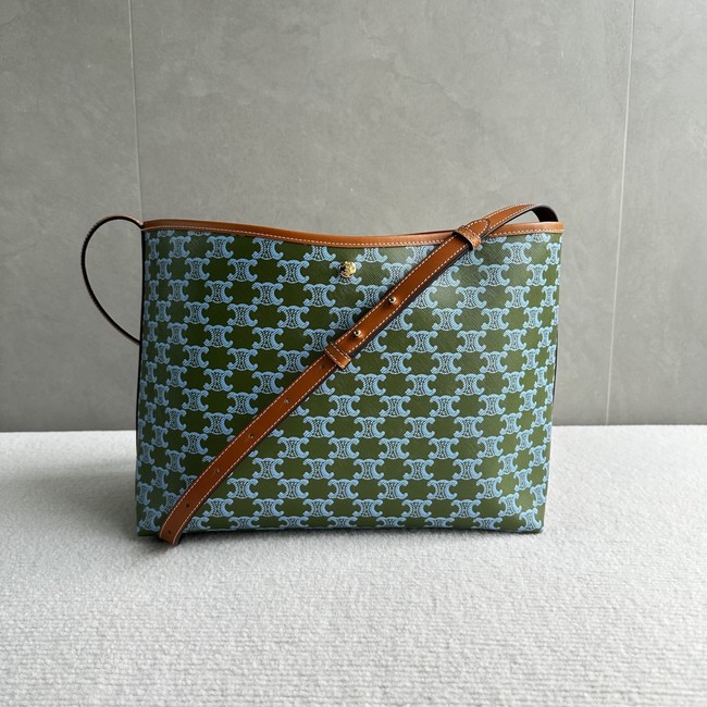 CELINE SOFT SHOPPER BAG IN Triomphe Canvas and Calfskin 123912 LIGHT KAKI & SKY BLUE