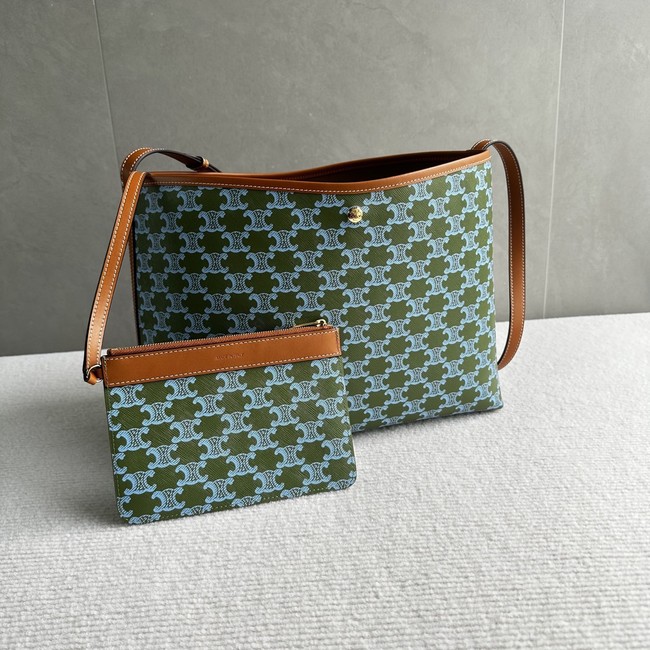 CELINE SOFT SHOPPER BAG IN Triomphe Canvas and Calfskin 123912 LIGHT KAKI & SKY BLUE
