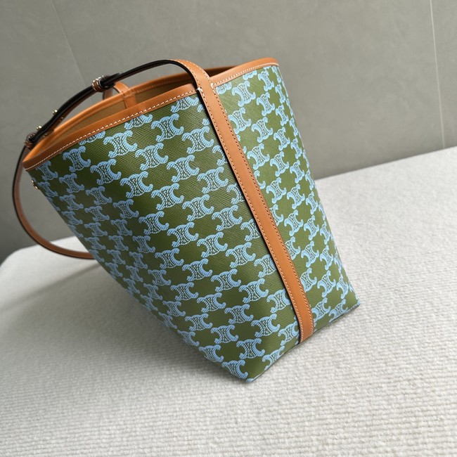 CELINE SOFT SHOPPER BAG IN Triomphe Canvas and Calfskin 123912 LIGHT KAKI & SKY BLUE
