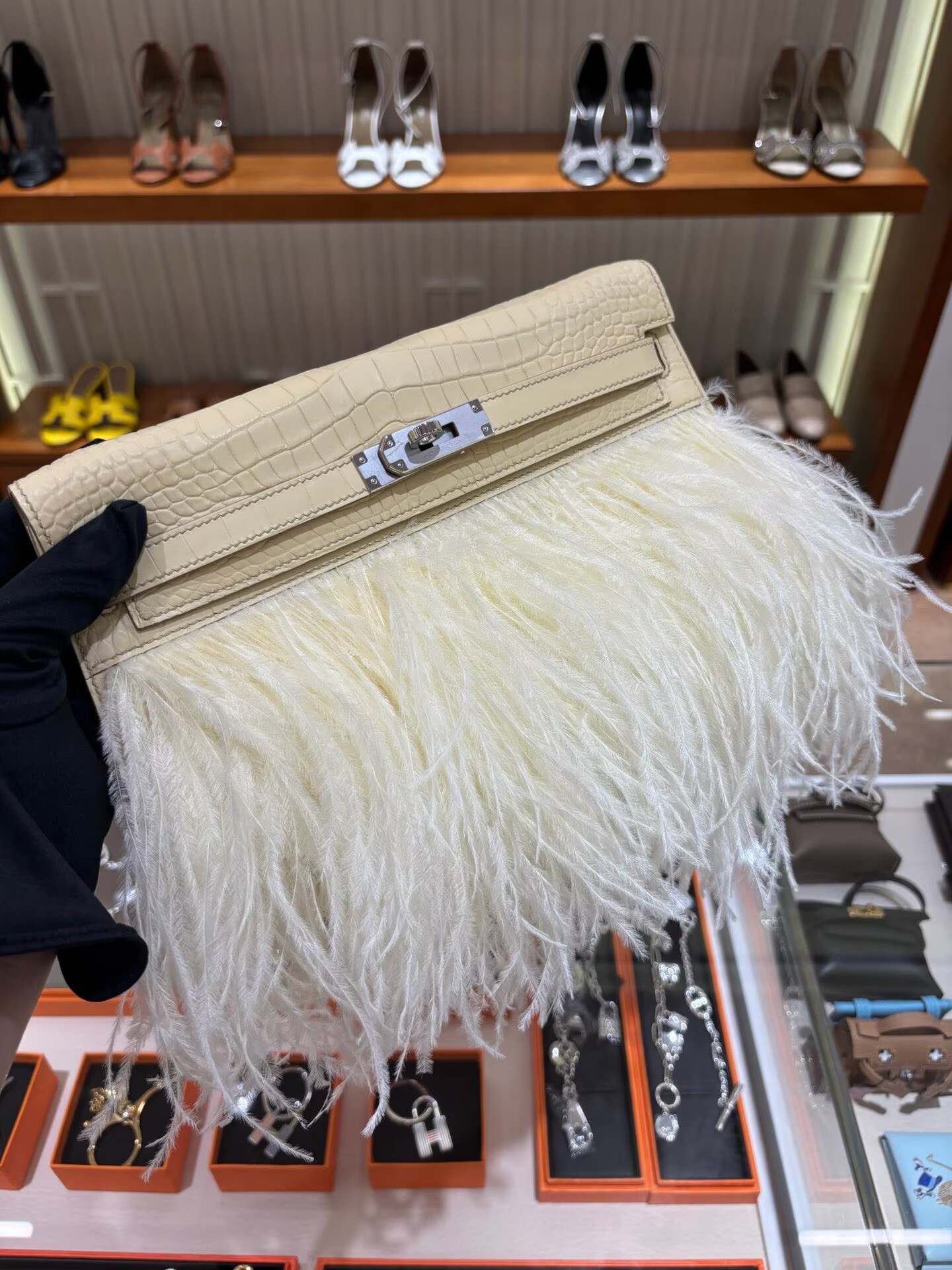 Hermes Kelly Elan Original Crocodile Leather Ostich Feathers Bag 83210 Cream