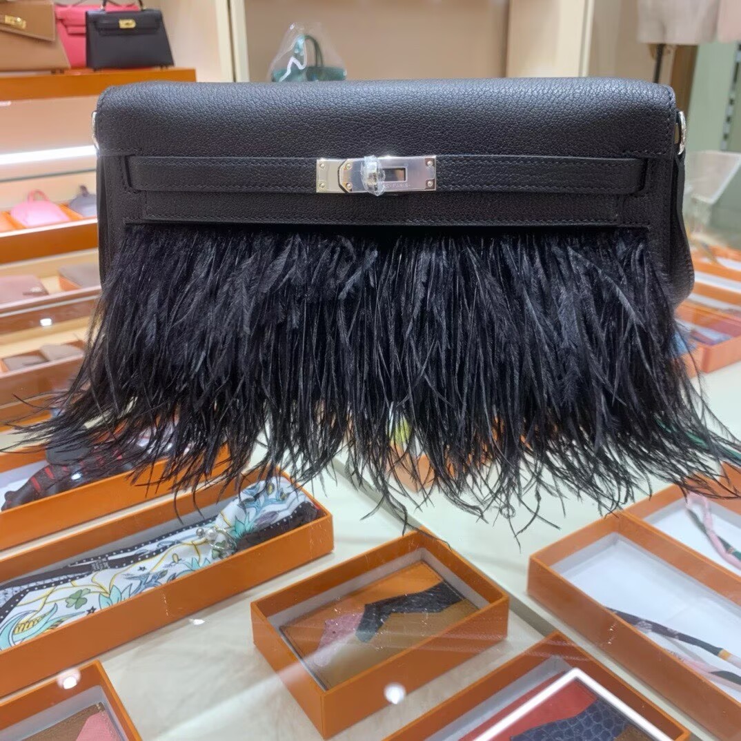 Hermes Kelly Elan Original Leather Ostich Feathers Bag 83210 Black
