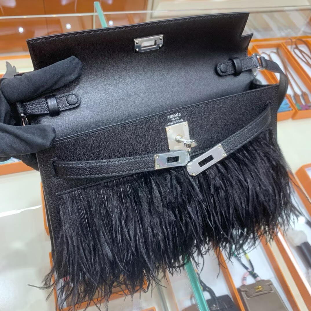 Hermes Kelly Elan Original Leather Ostich Feathers Bag 83210 Black Hermes Kelly Elan Original Leather Ostich Feathers Bag 83210 Black