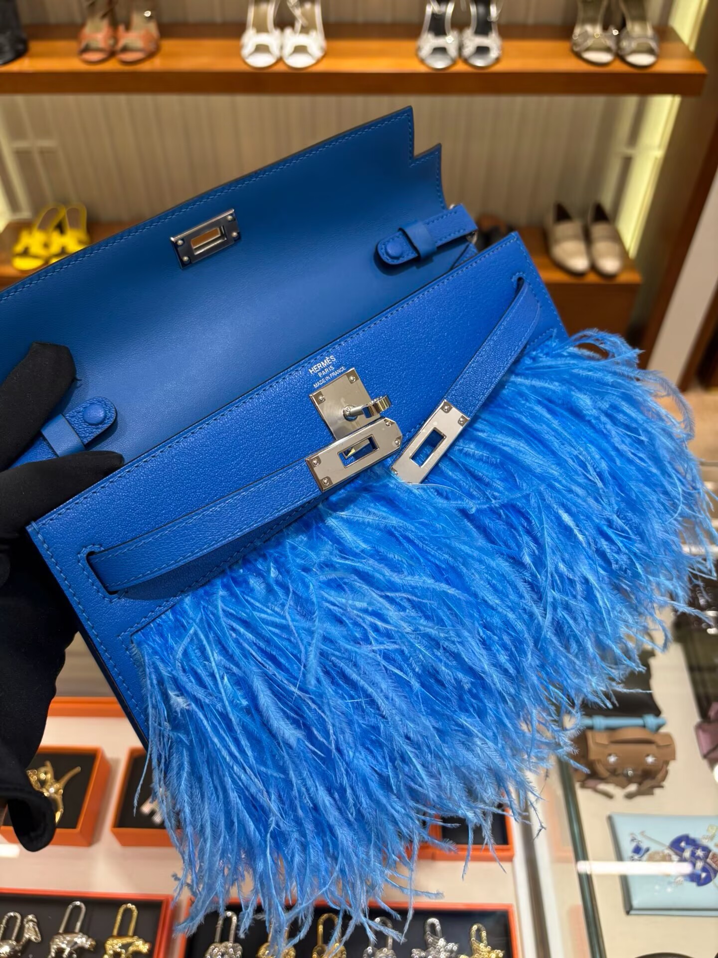 Hermes Kelly Elan Original Leather Ostich Feathers Bag 83210 Blue Hermes Kelly Elan Original Leather Ostich Feathers Bag 83210 Blue