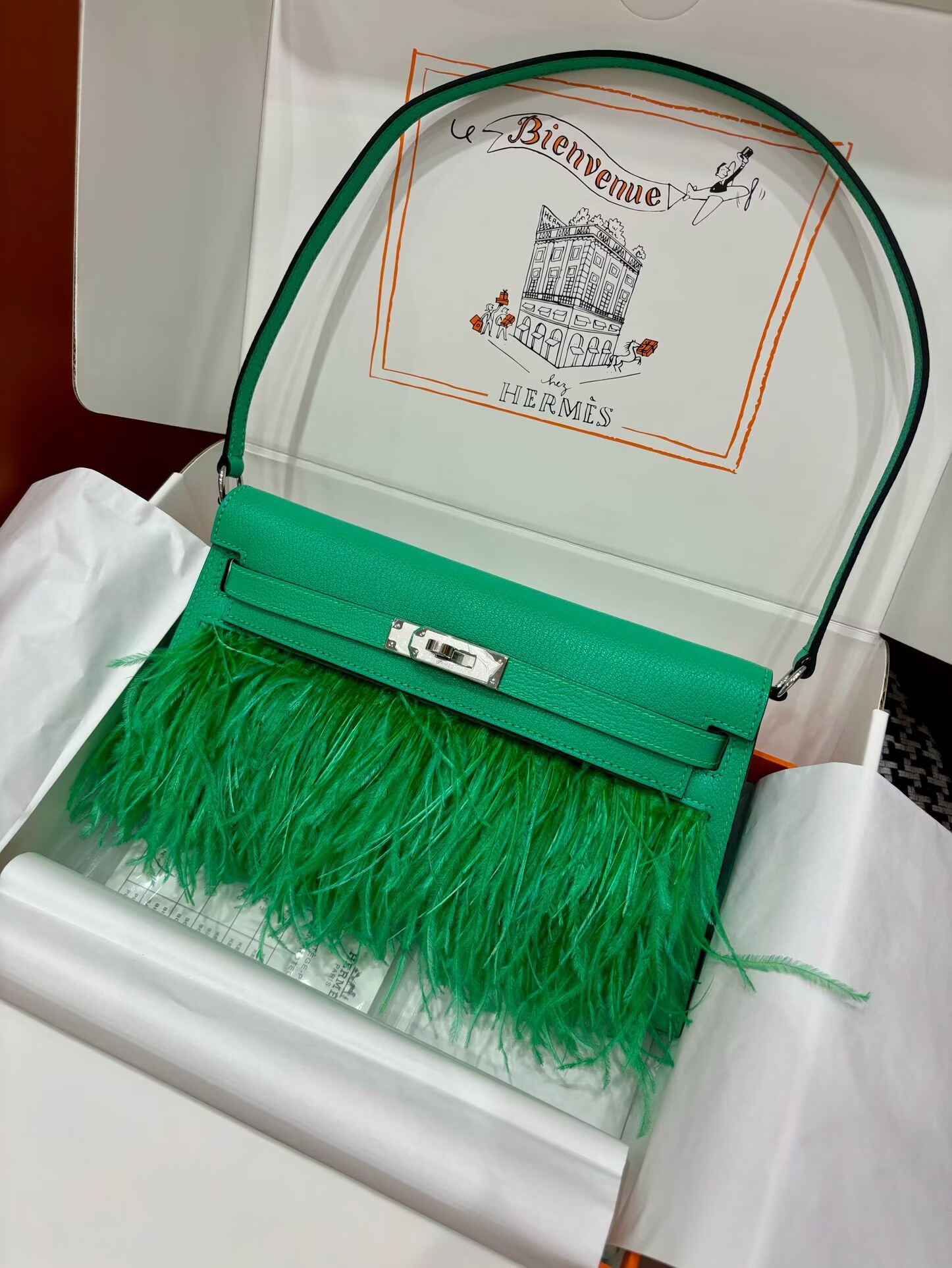 Hermes Kelly Elan Original Leather Ostich Feathers Bag 83210 Green